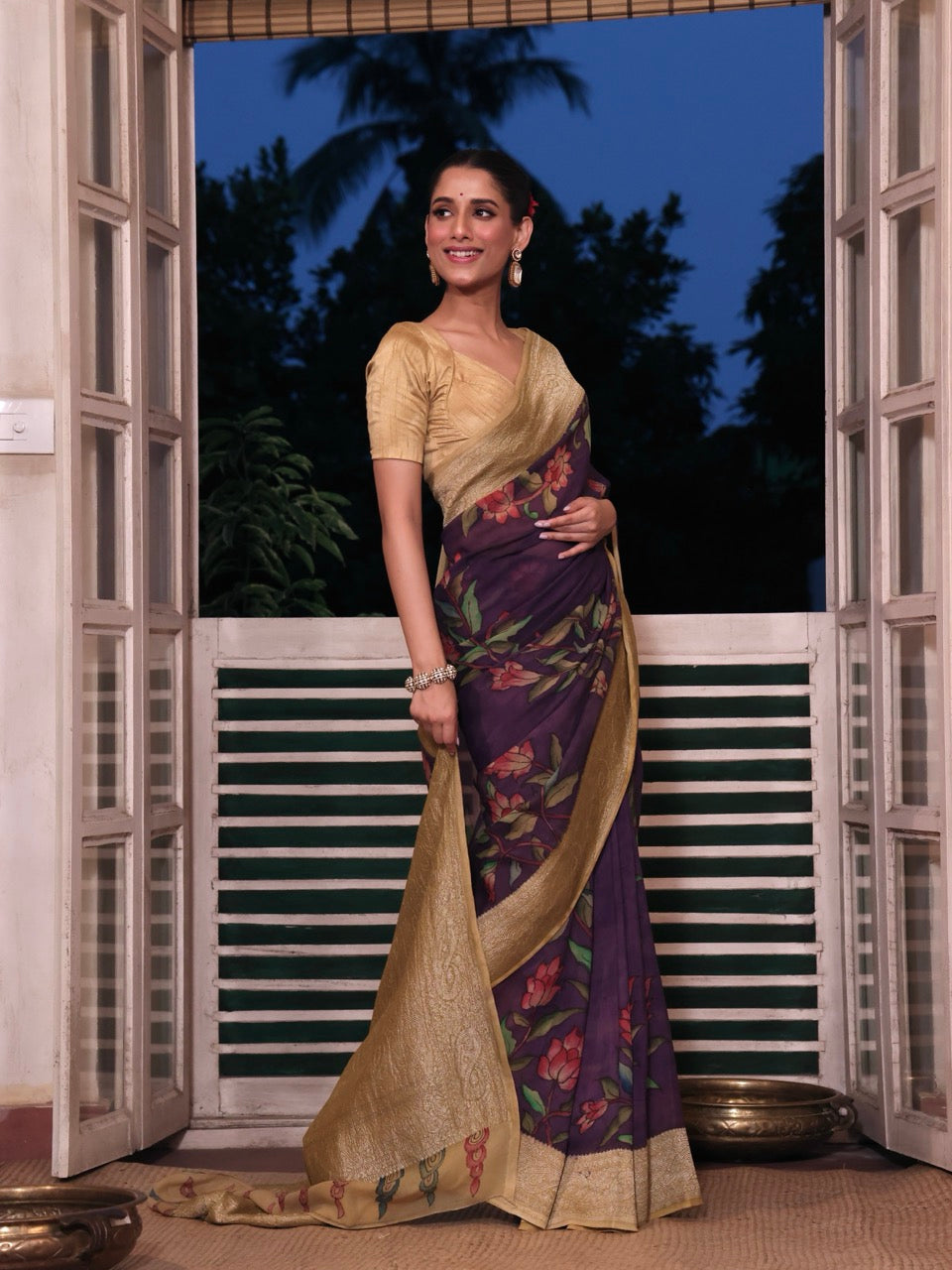 violet-purple-floral-pure-banarsee-georgette-kalamkari-saree