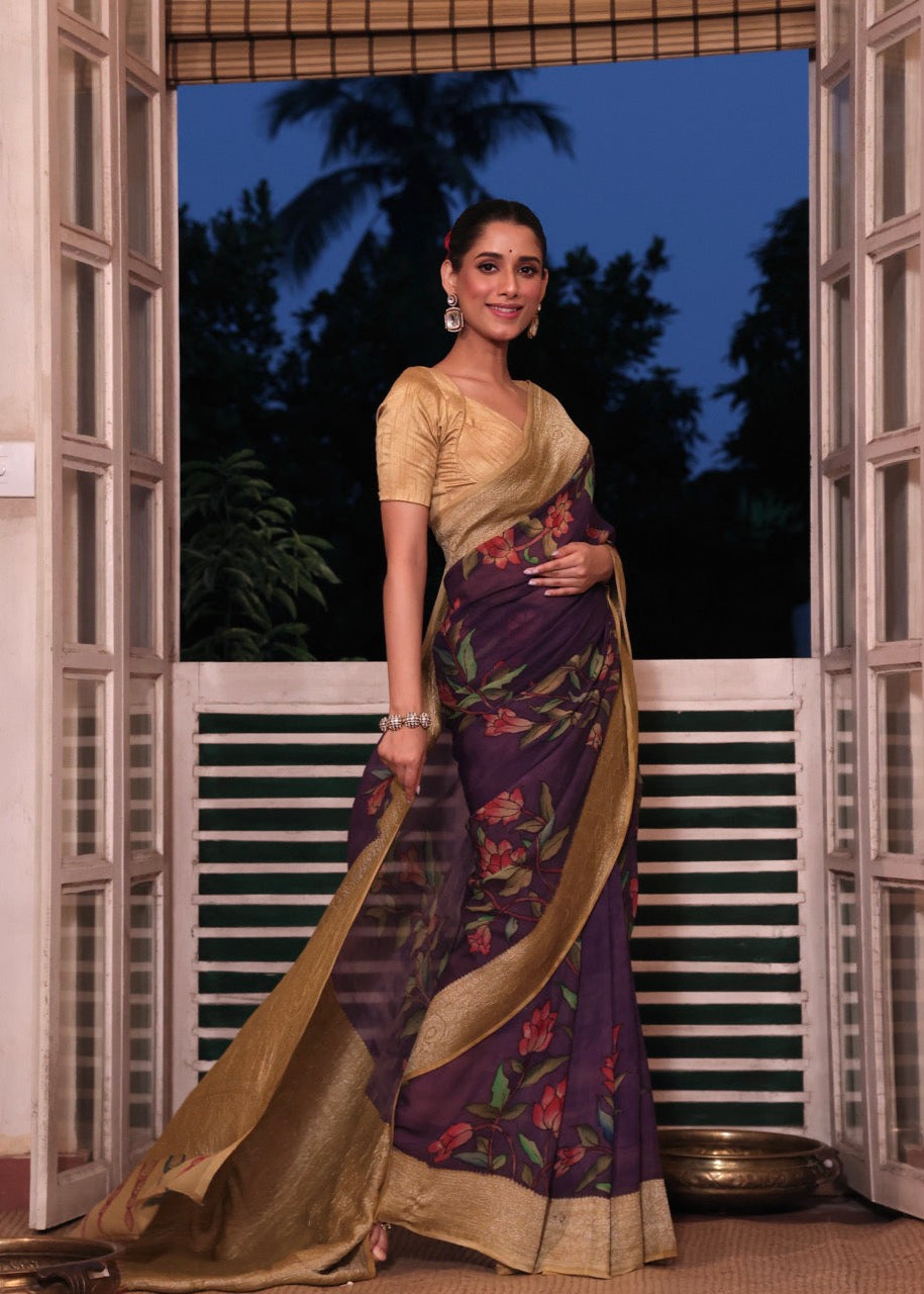 violet-purple-floral-pure-banarsee-georgette-kalamkari-saree