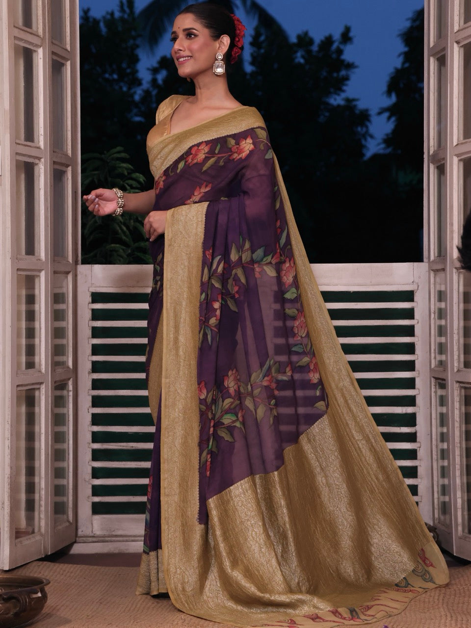 violet-purple-floral-pure-banarsee-georgette-kalamkari-saree