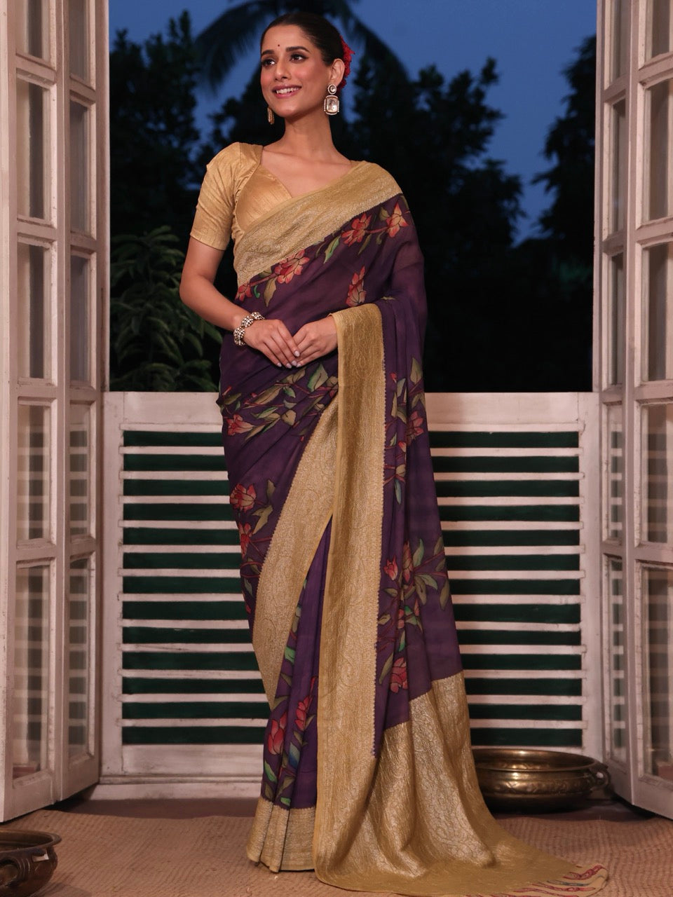 violet-purple-floral-pure-banarsee-georgette-kalamkari-saree