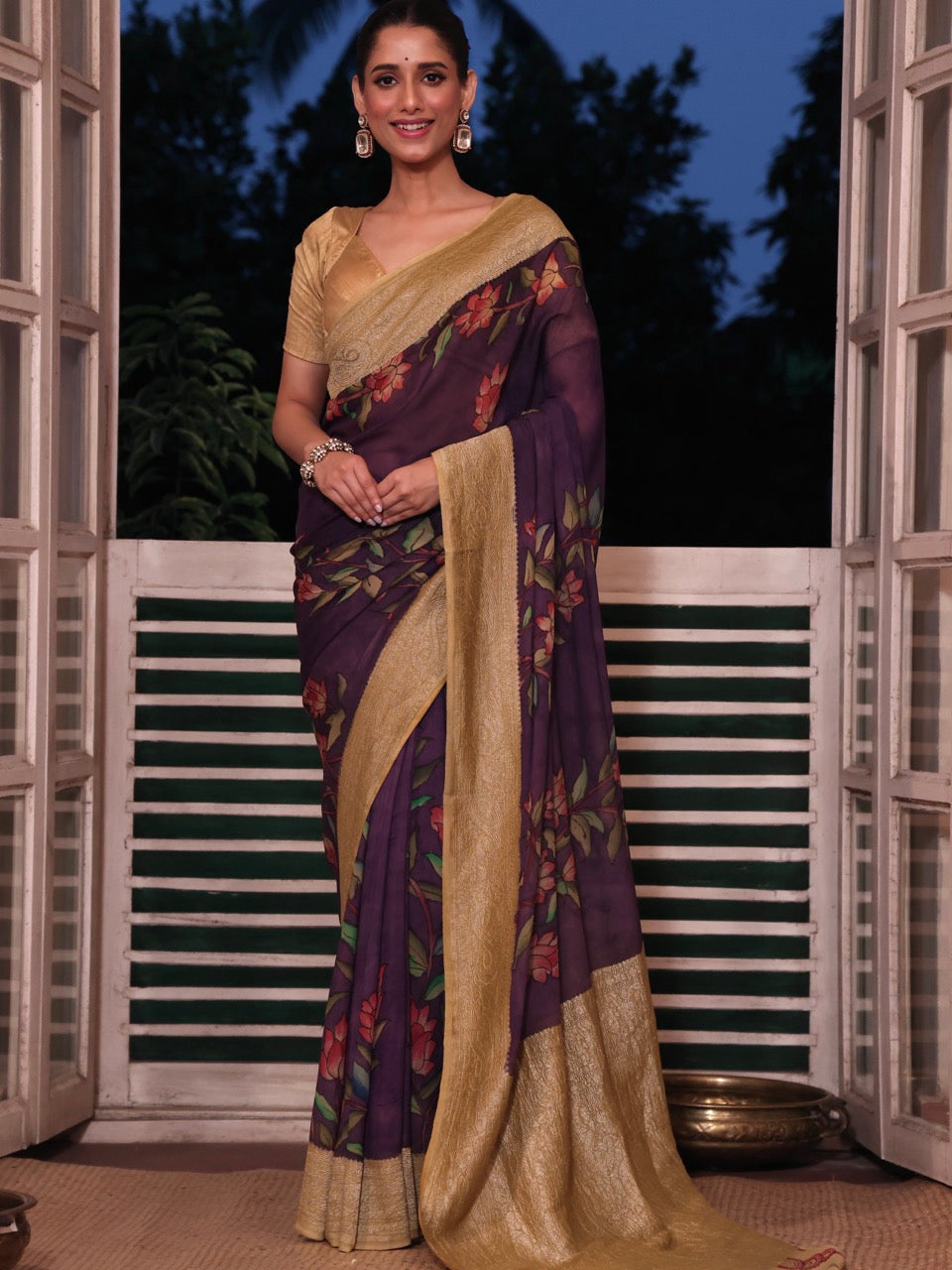 violet-purple-floral-pure-banarsee-georgette-kalamkari-saree