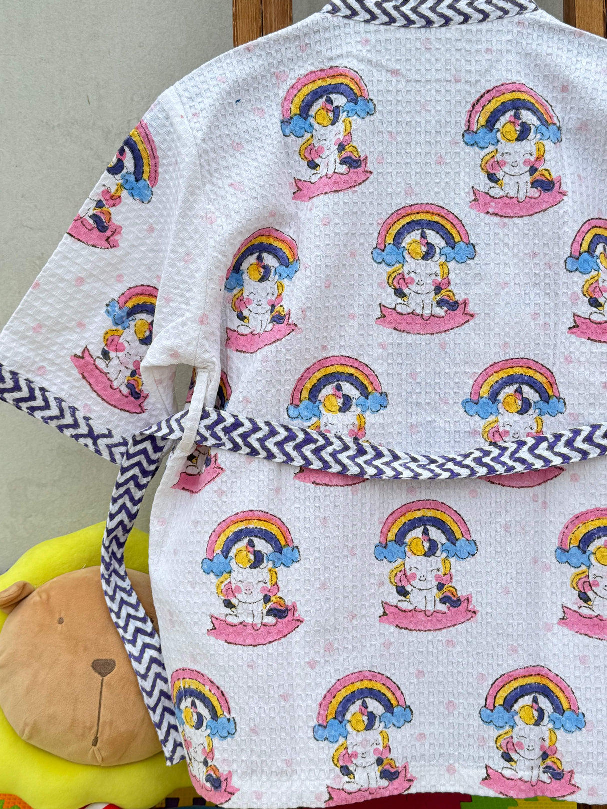 name embroidered unicorn theme girls cotton bathrobe in waffle weave perfect for return gift boxes and international sales