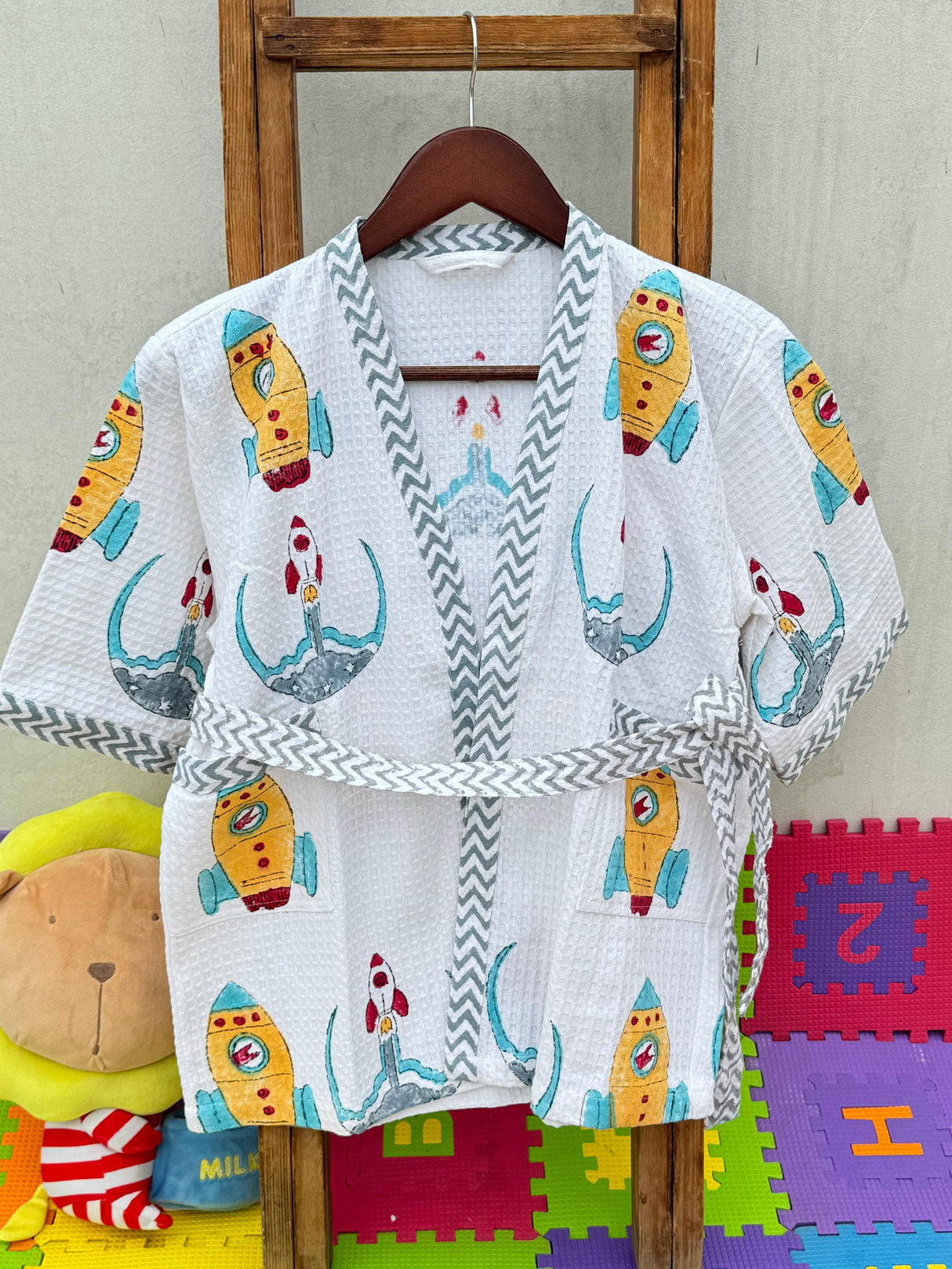 block printed rocket design kids cotton bathrobe with name customization suitable for export to uk australia new york and boutique retailers