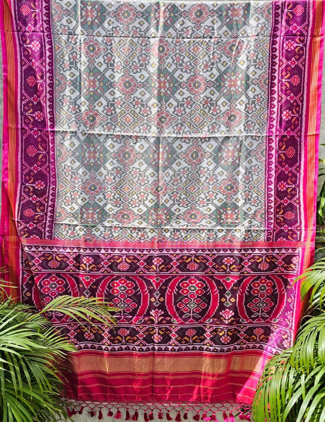 Timeless Handloom White and Pink Mulberry Silk Ikat Patola Saree with Intricate Navratna Motif