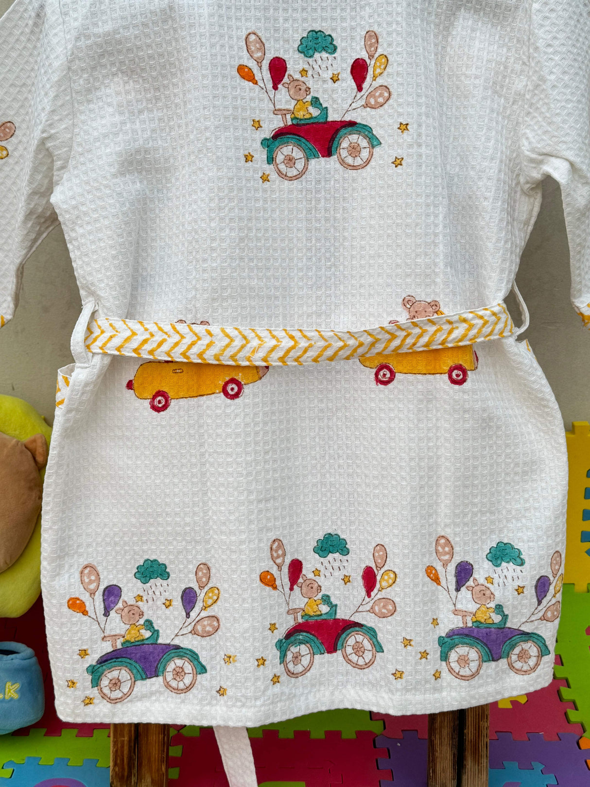 soft cotton waffle kids bathrobes nursery car print made by Jaipur artisans export quality