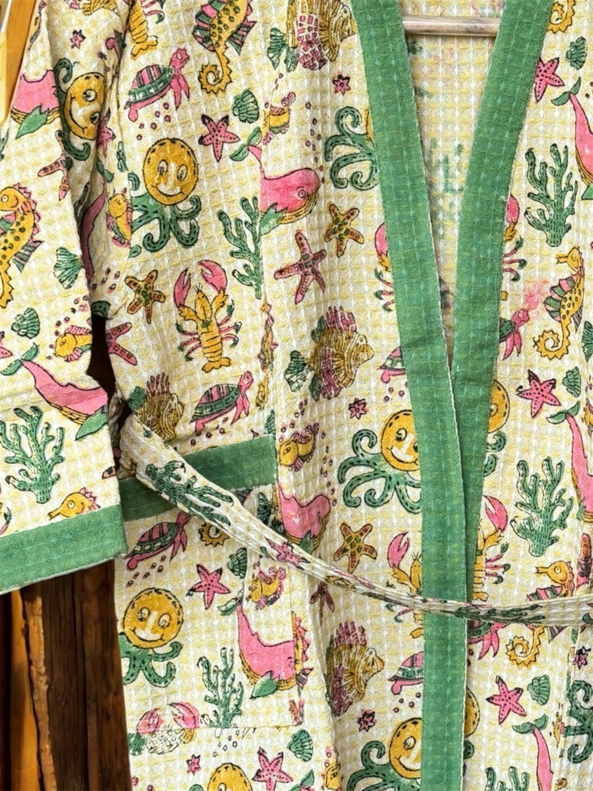 buy kids yellow cotton waffle bathrobe handblock printed with sea animal nursery theme Jaipur