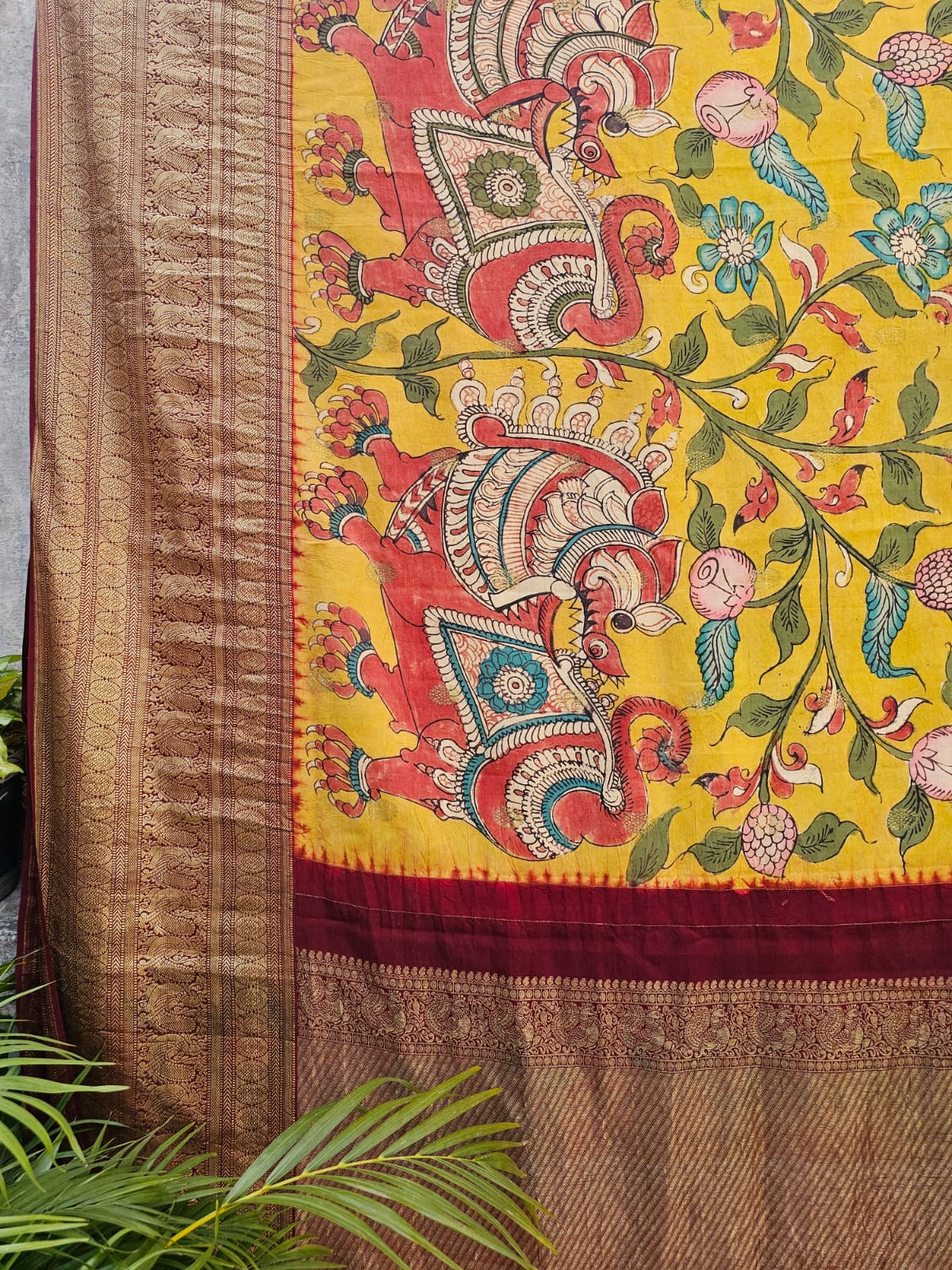 yali-floral-kanjivaram-kalamkari-saree-angled-front-view