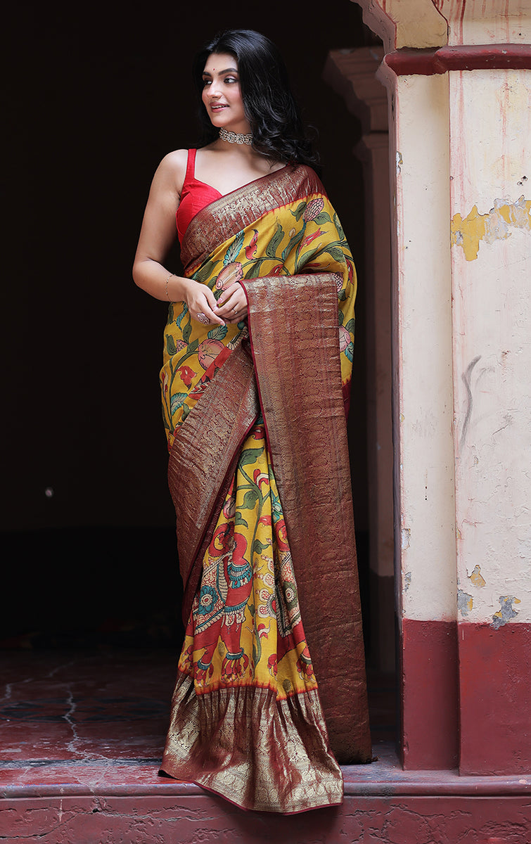 Yali and Floral Theme Kanjivaram Silk Kalamakari Saree – Kapaas Katha