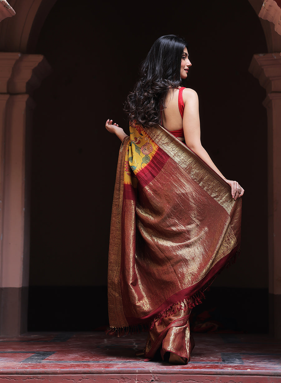 yali-floral-kanjivaram-kalamkari-saree-full-look