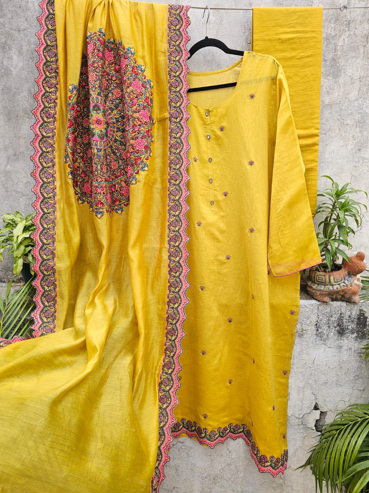 Elegant and Graceful 3 Piece Chanderi Mulmul Semi Stitched Suit Set in Shade of Yellow