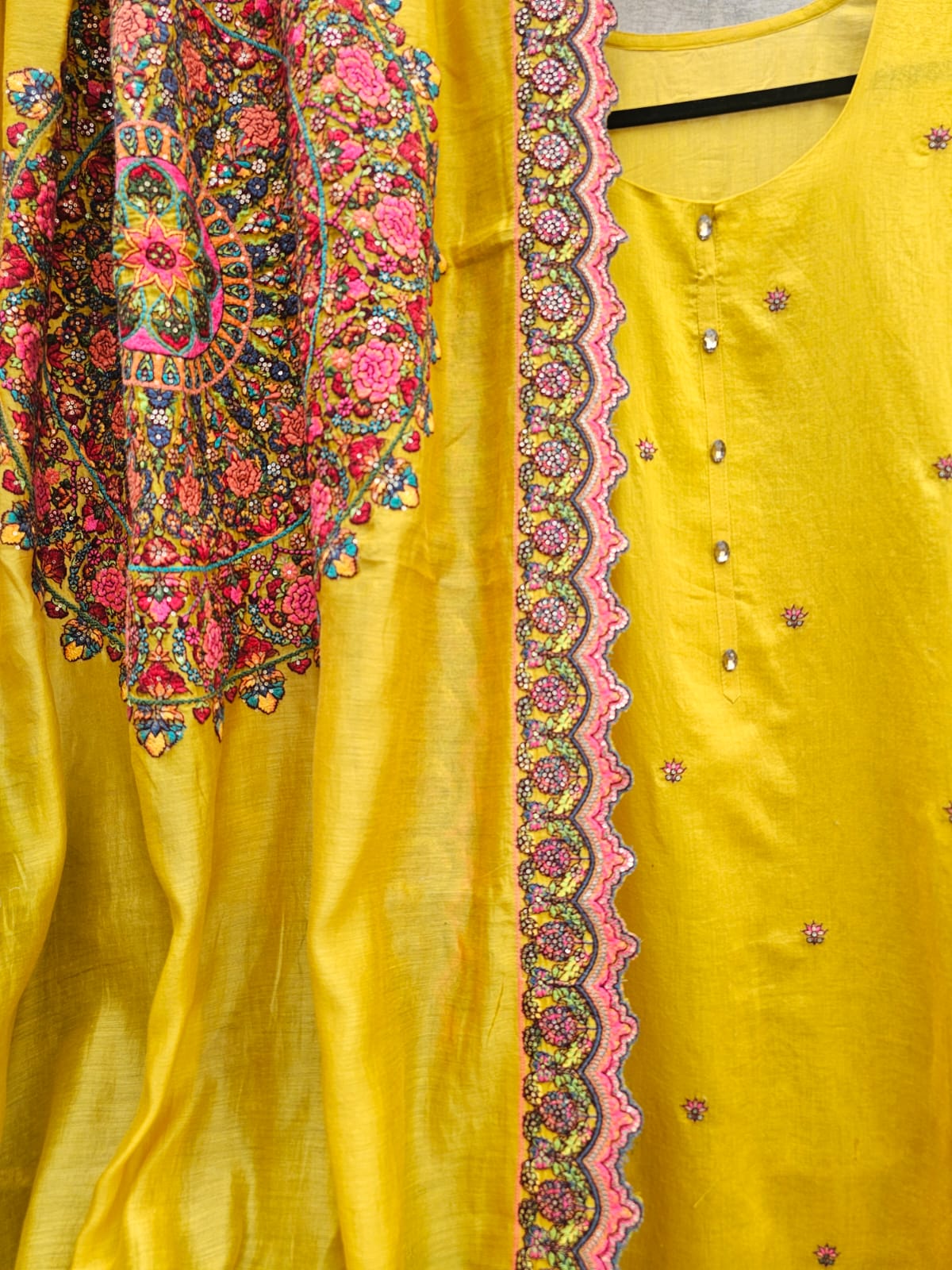 Elegant and Graceful 3 Piece Chanderi Mulmul Semi Stitched Suit Set in Shade of Yellow