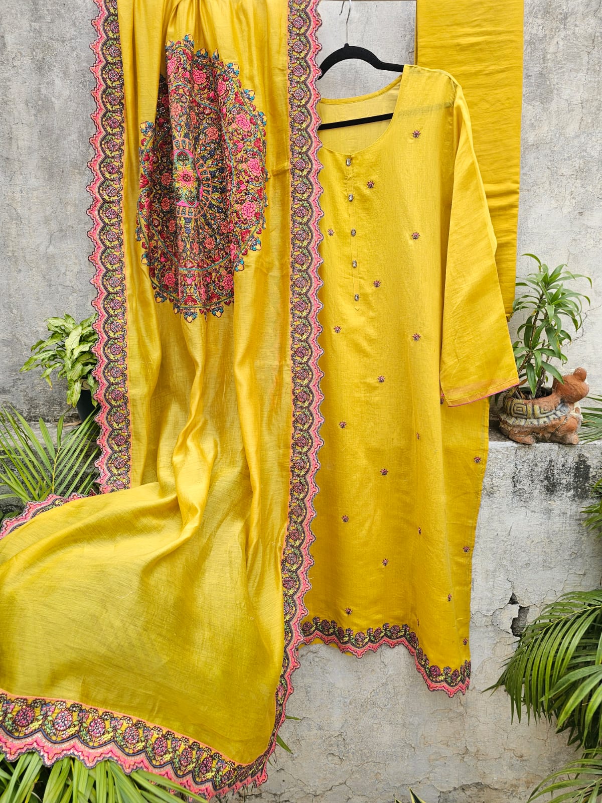 Elegant and Graceful 3 Piece Chanderi Mulmul Semi Stitched Suit Set in Shade of Yellow