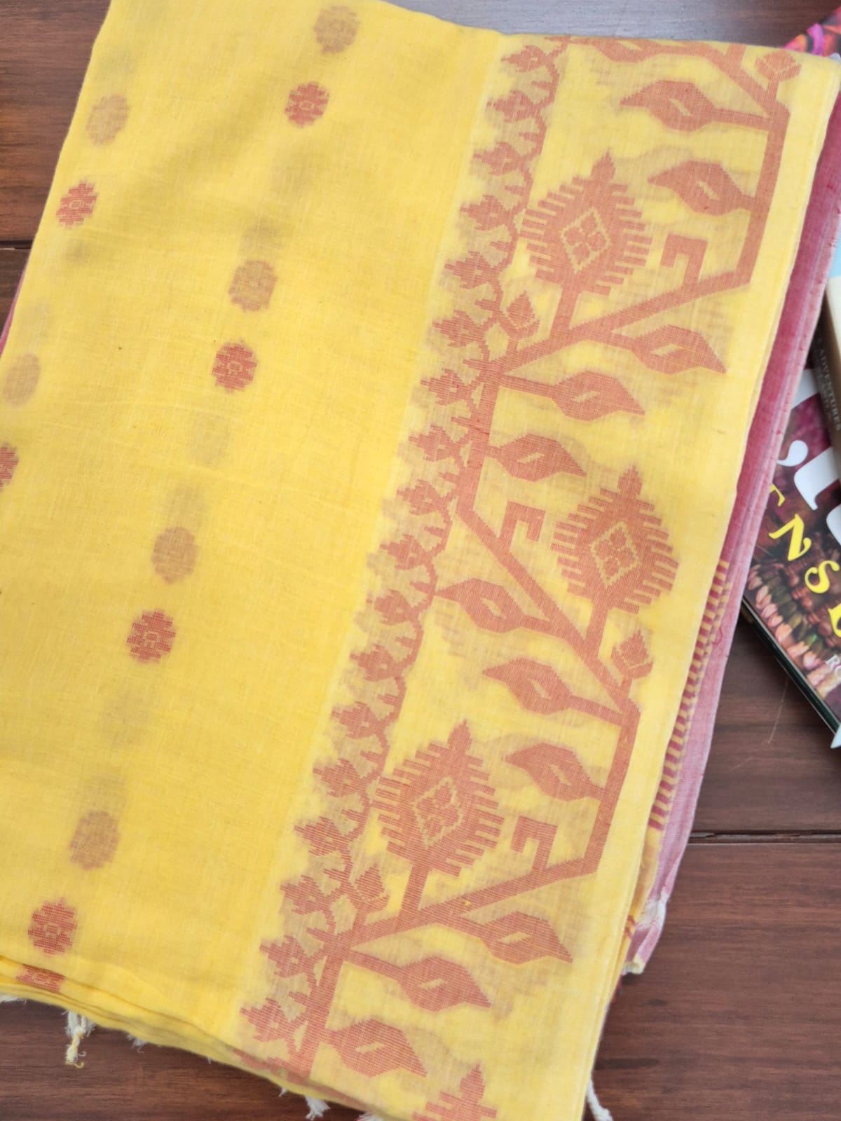 Elegant Mulmul Cotton Saree made on Jacquard Loom in Yellow Colour