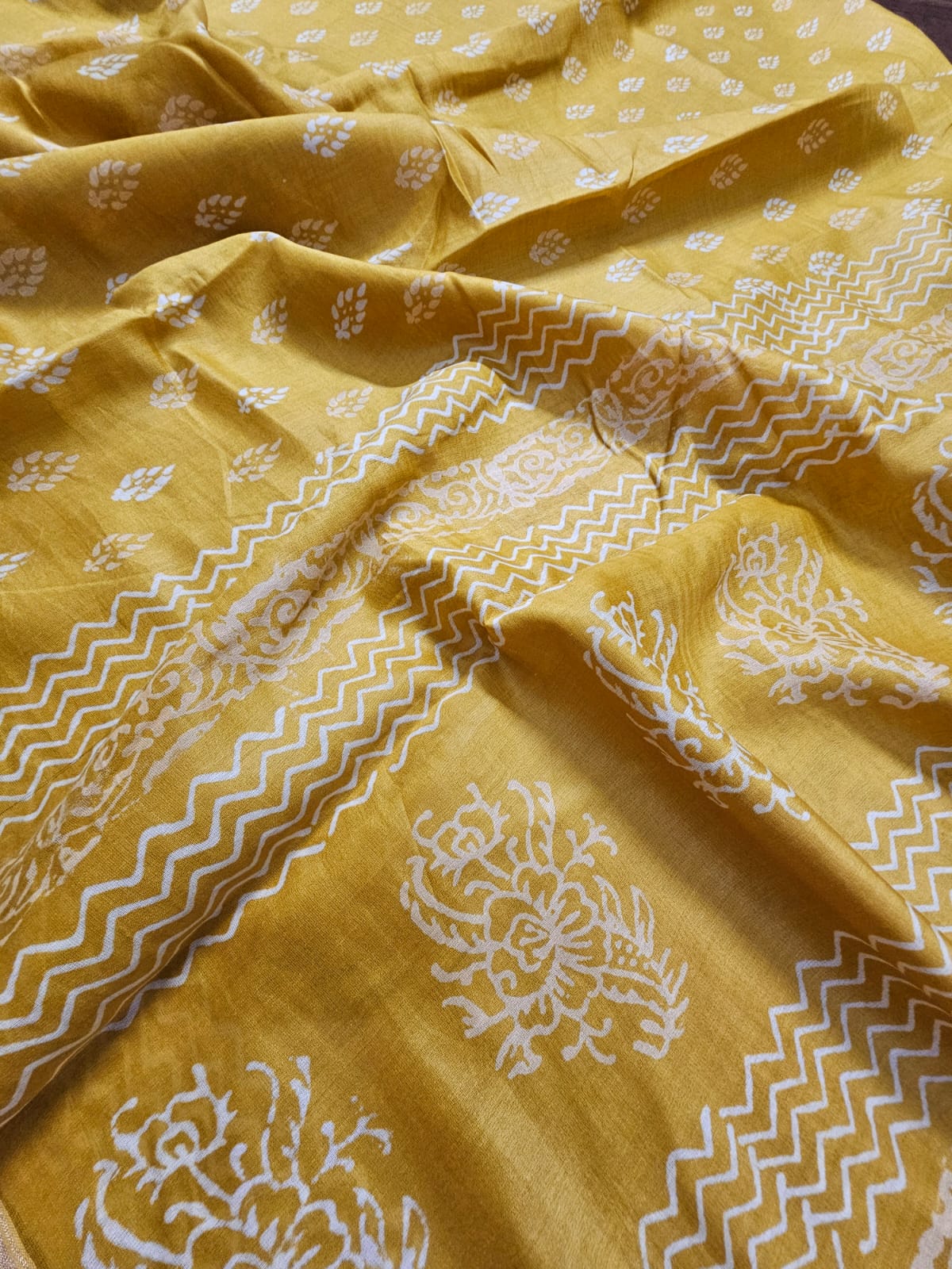 Yellow Handblock Print Chanderi Cotton Silk Saree