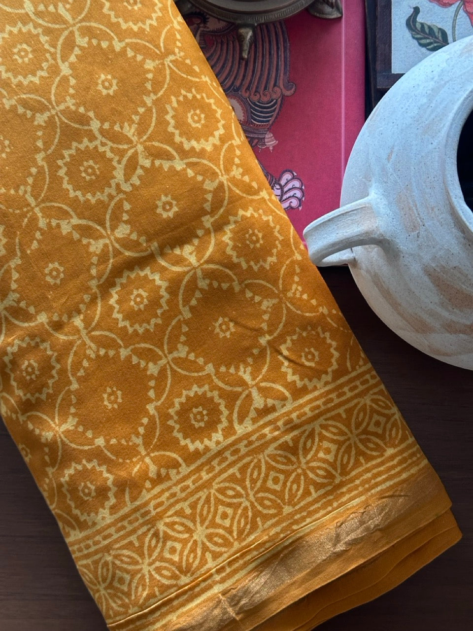 Yellow Handblock Print Chanderi Cotton Silk Saree