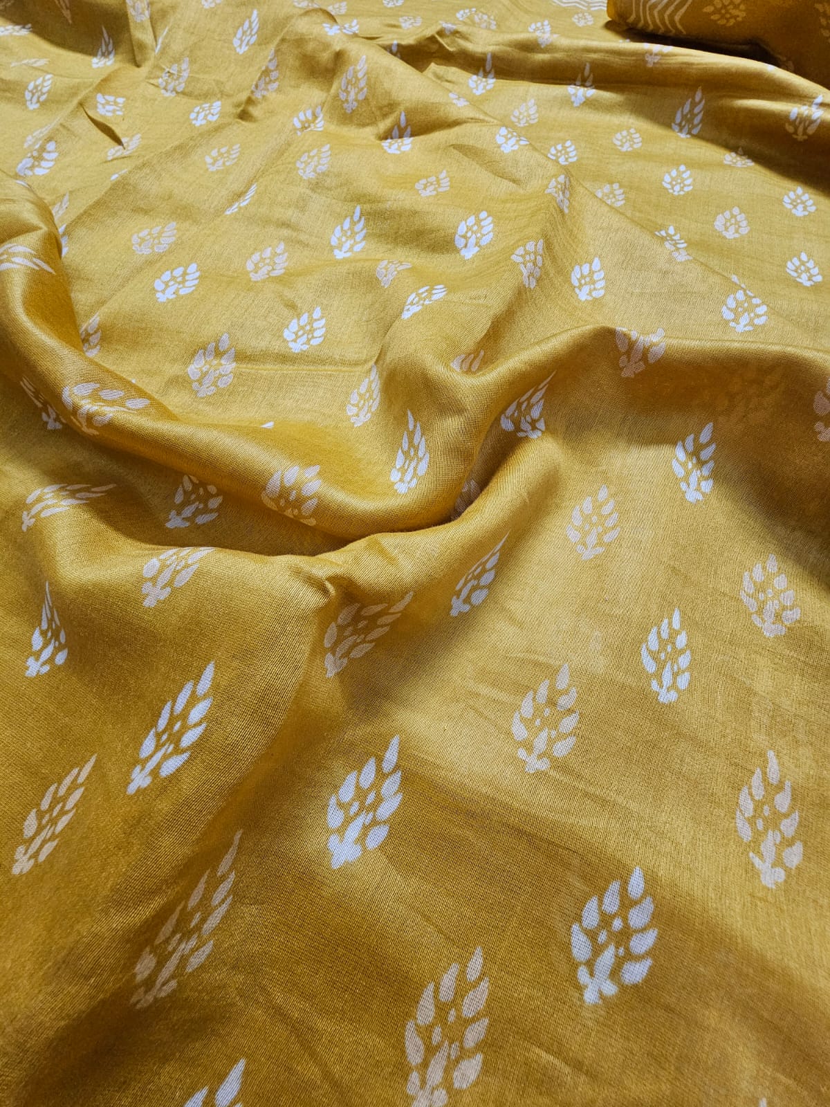 Yellow Handblock Print Chanderi Cotton Silk Saree