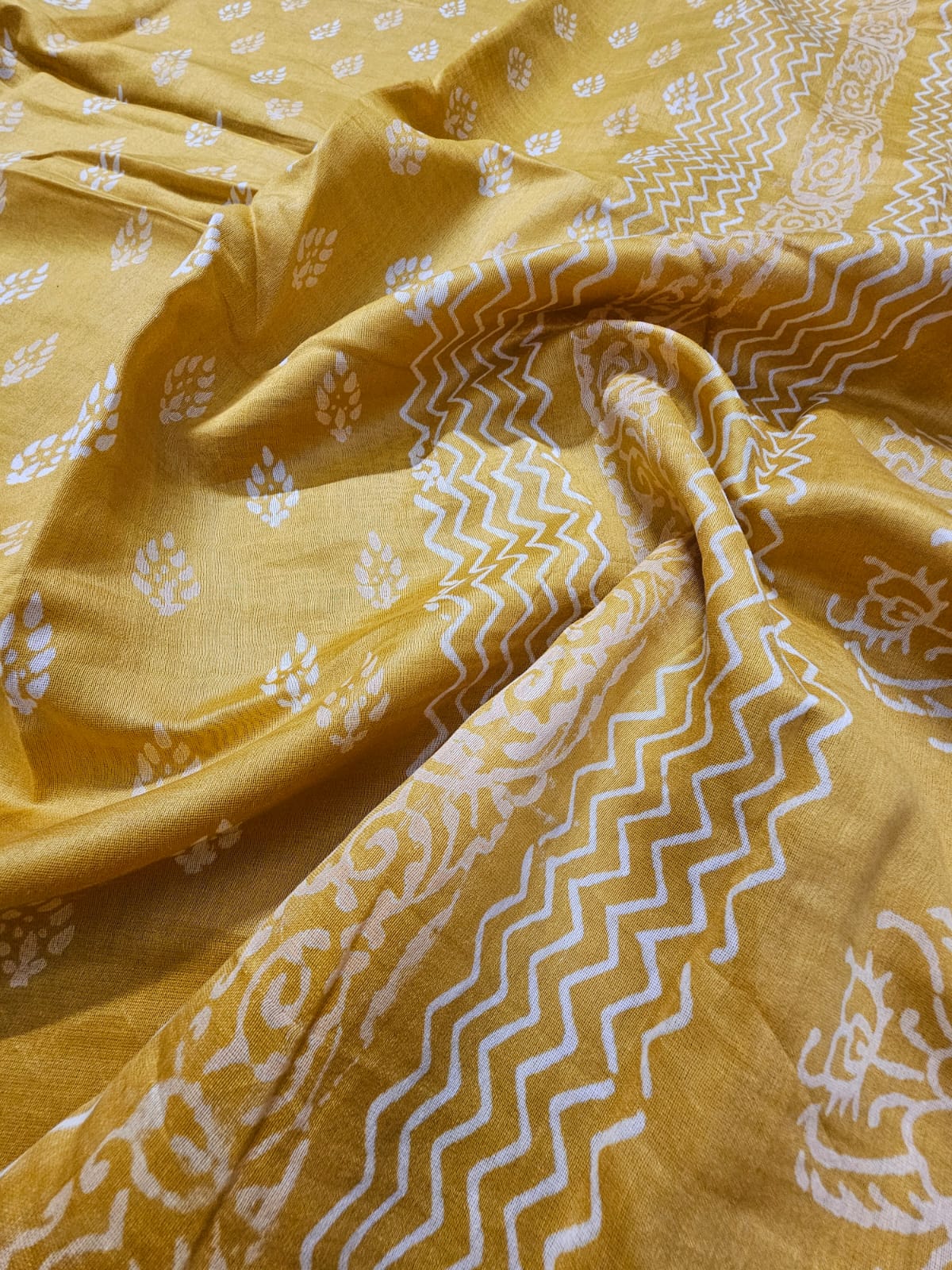 Yellow Handblock Print Chanderi Cotton Silk Saree