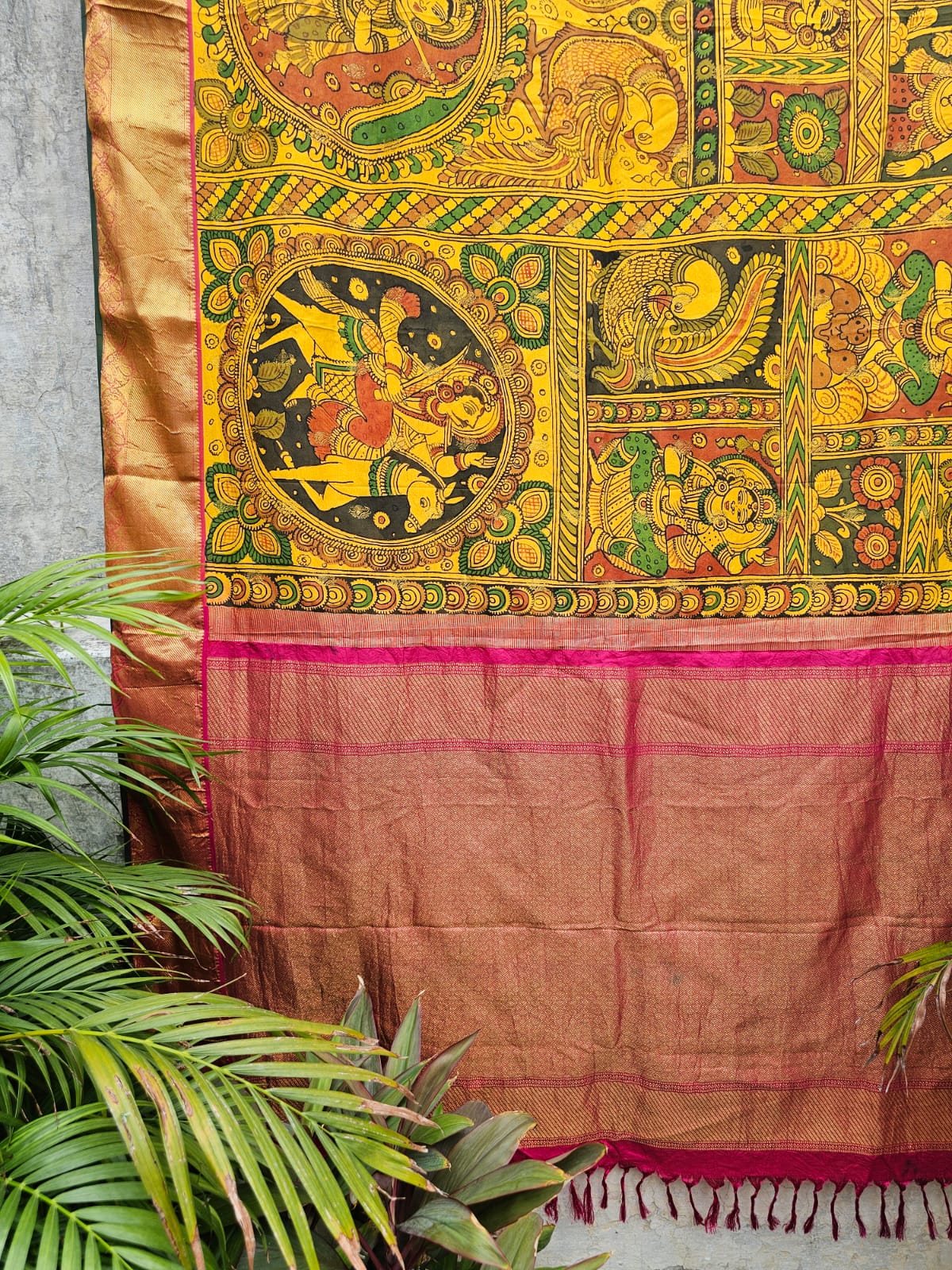 yellow-indian-mythological-theme-kanchipattu-kalamkari-saree