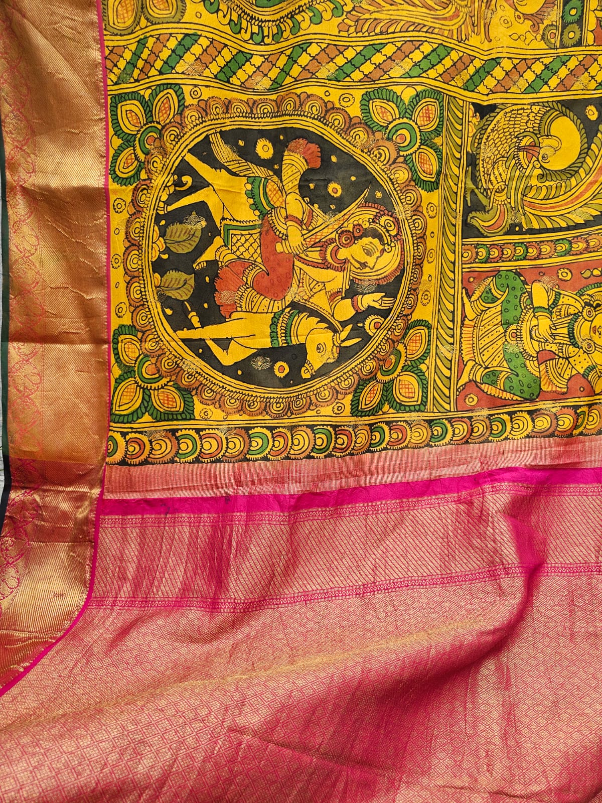 yellow-indian-mythological-theme-kanchipattu-kalamkari-saree