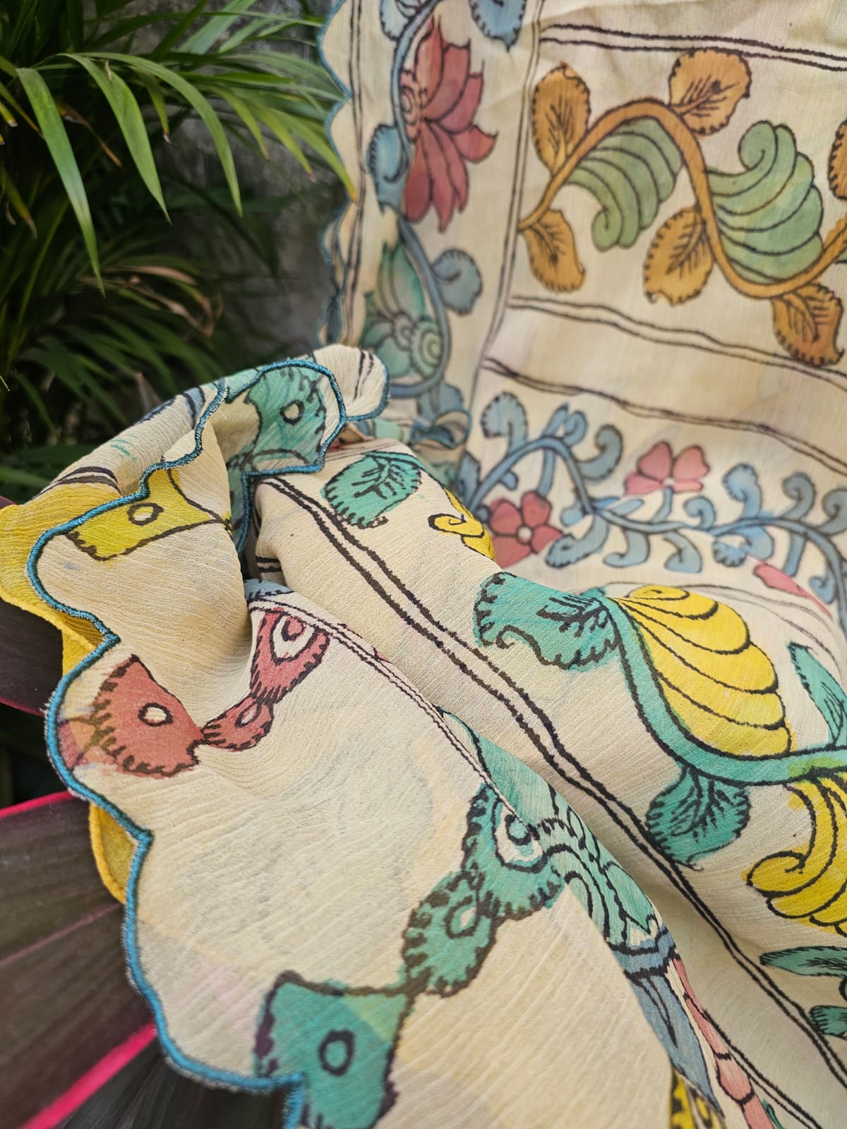 yellow-kalamkari-chiffon-saree-ethnic-design