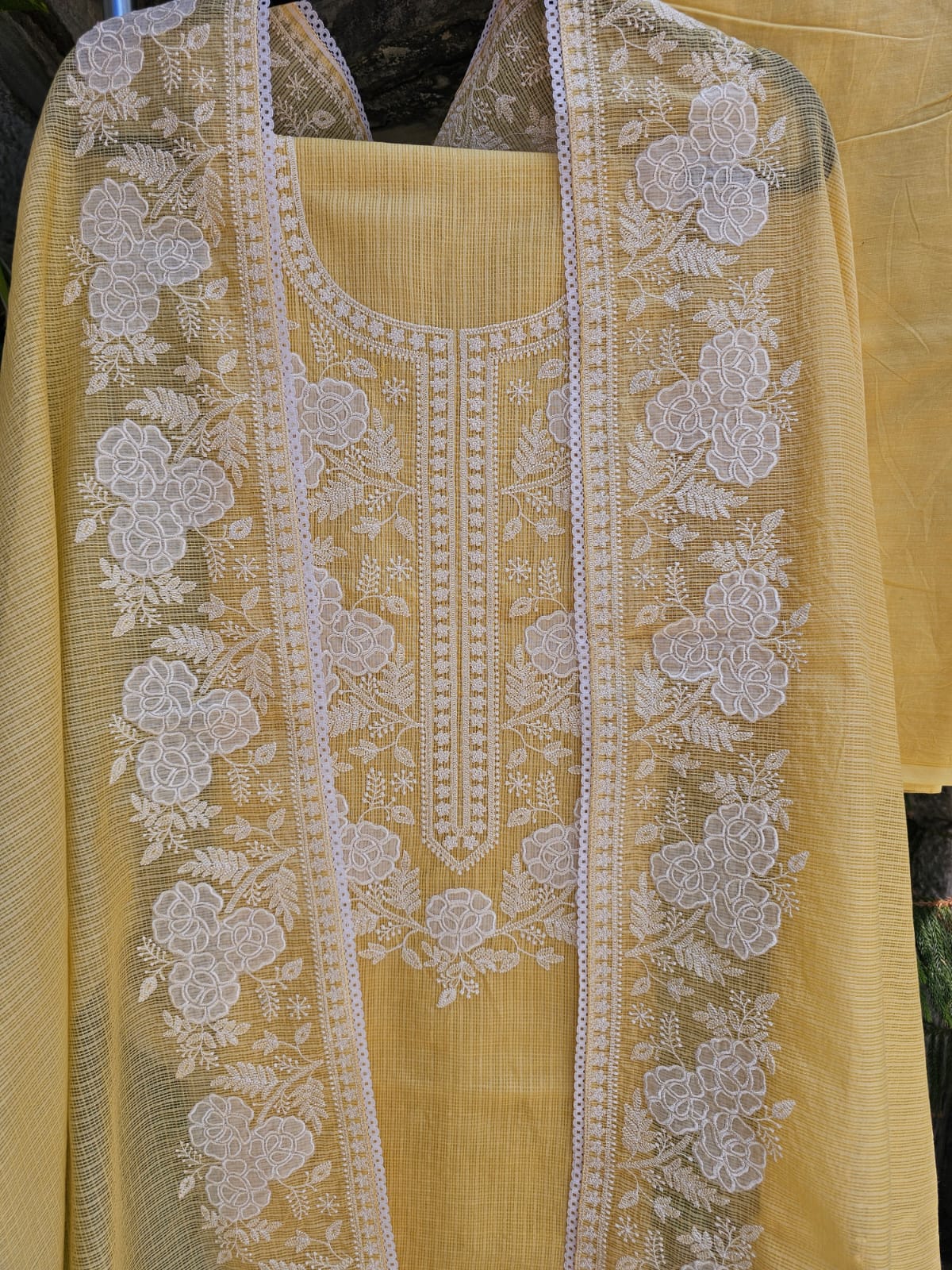Light Yellow Three Piece Kota Cotton Unstitched Suit Set