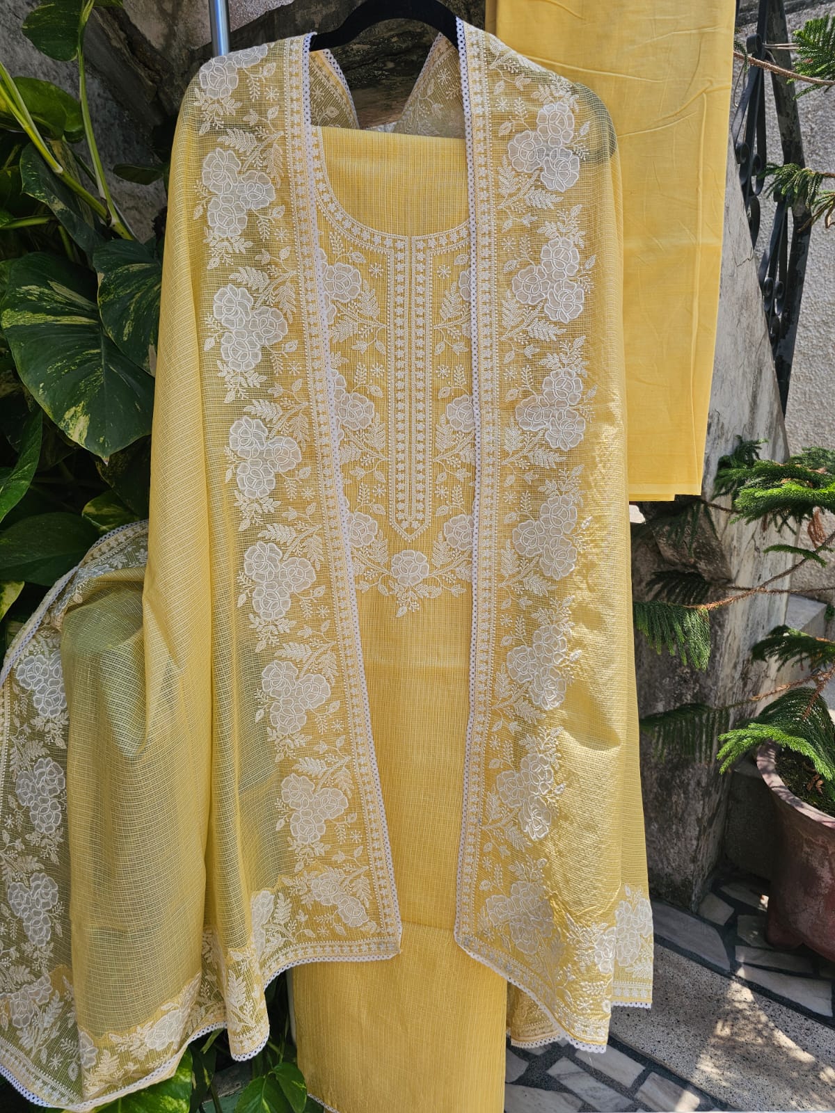 Light Yellow Three Piece Kota Cotton Unstitched Suit Set