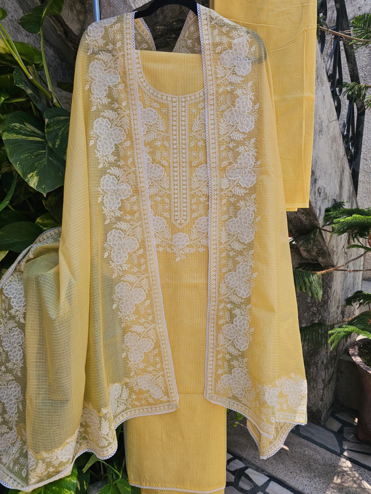 Light Yellow Three Piece Kota Cotton Unstitched Suit Set