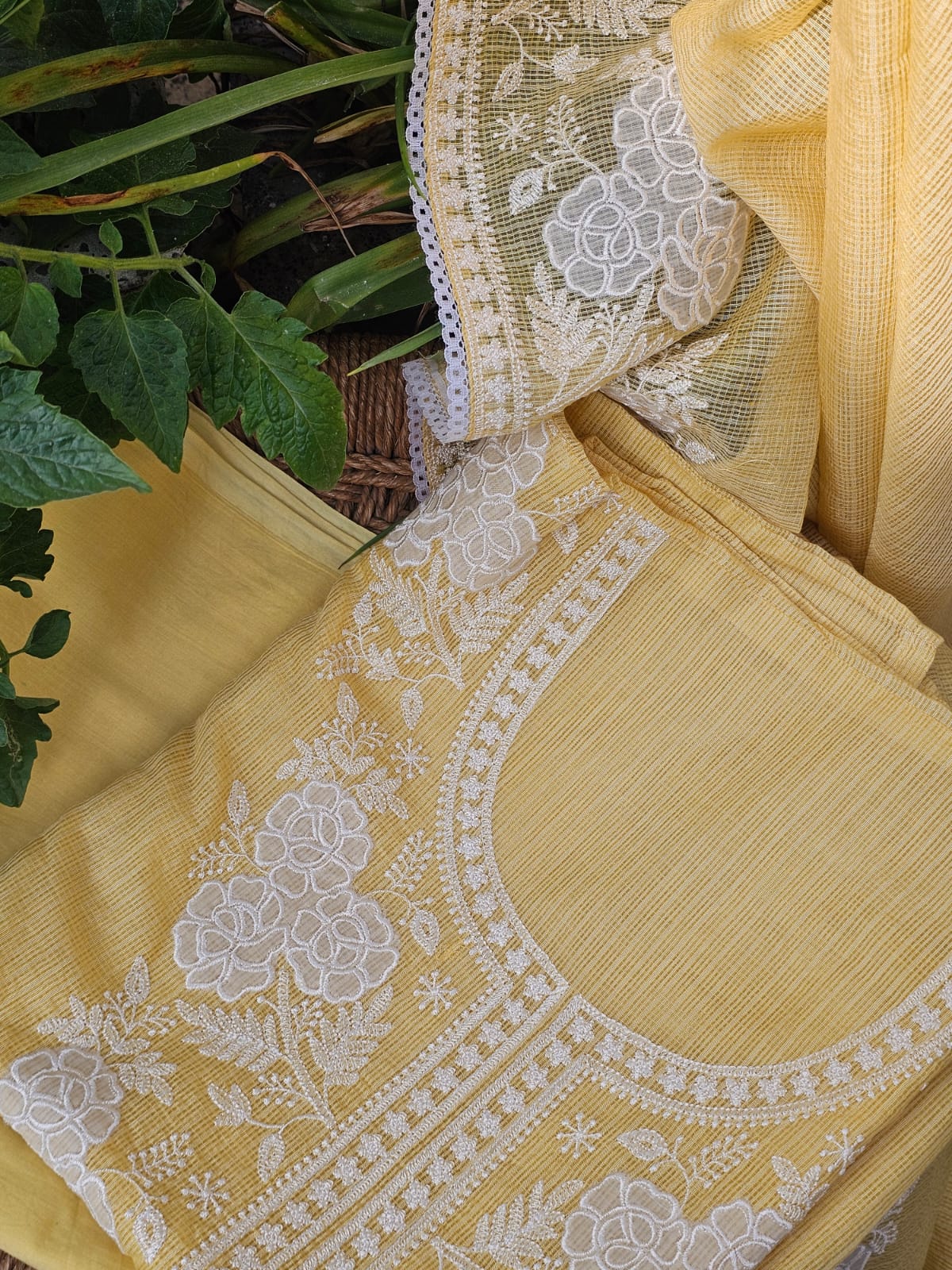 Light Yellow Three Piece Kota Cotton Unstitched Suit Set