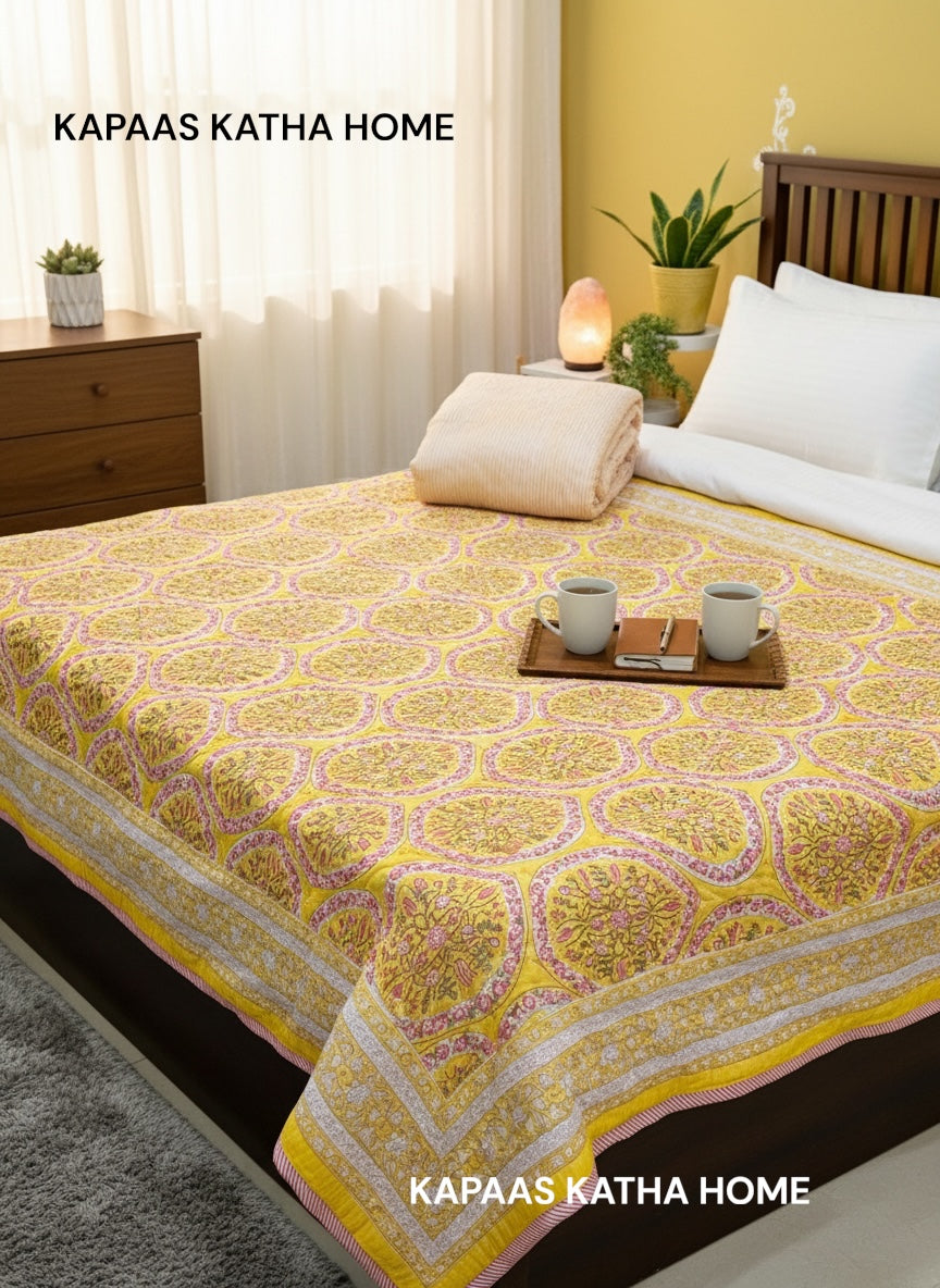 yellow-medallion-blockprint-cotton-quilt-bed