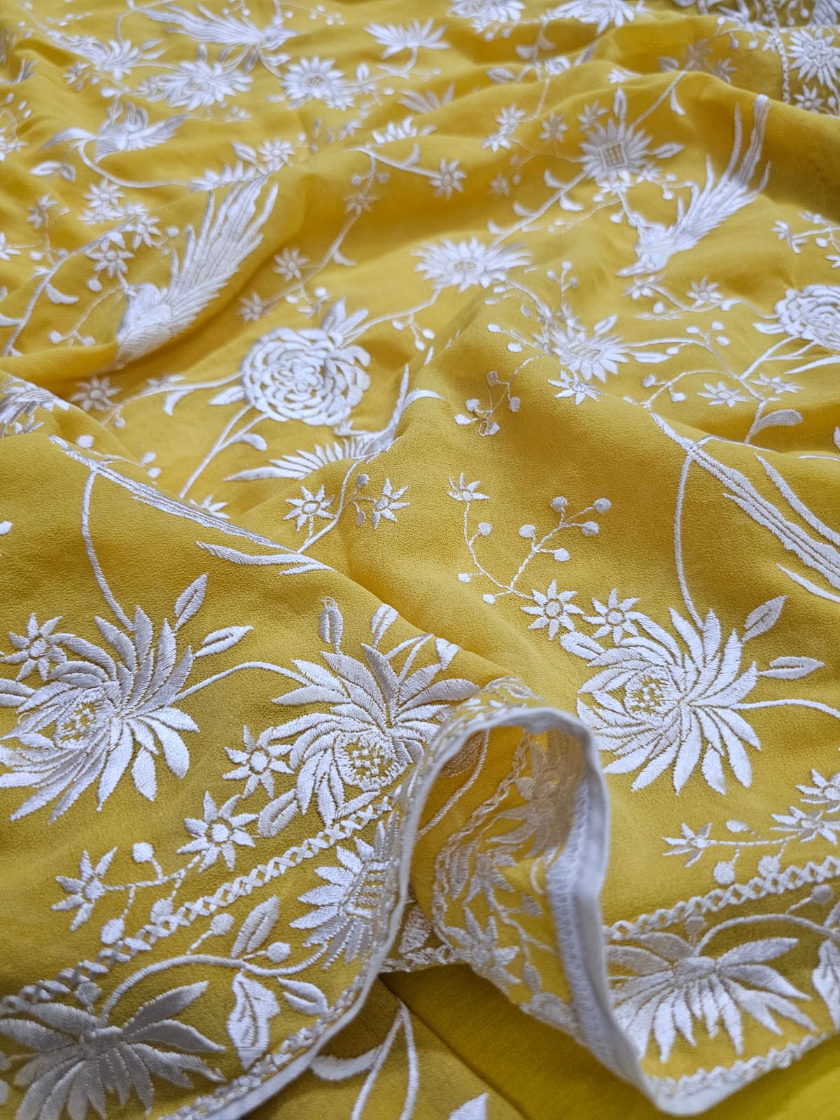Fresh Yellow Parsi Gara Inspired Georgette Unstitched Suit Set