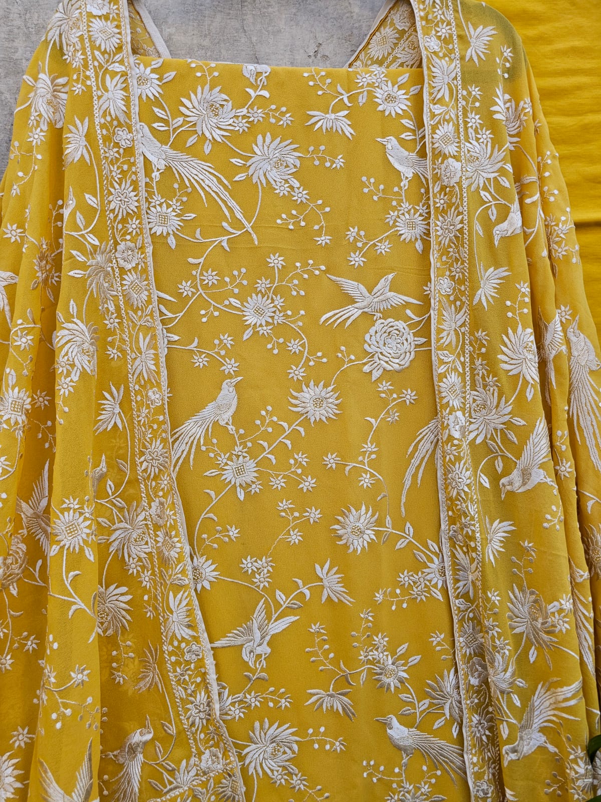 Fresh Yellow Parsi Gara Inspired Georgette Unstitched Suit Set