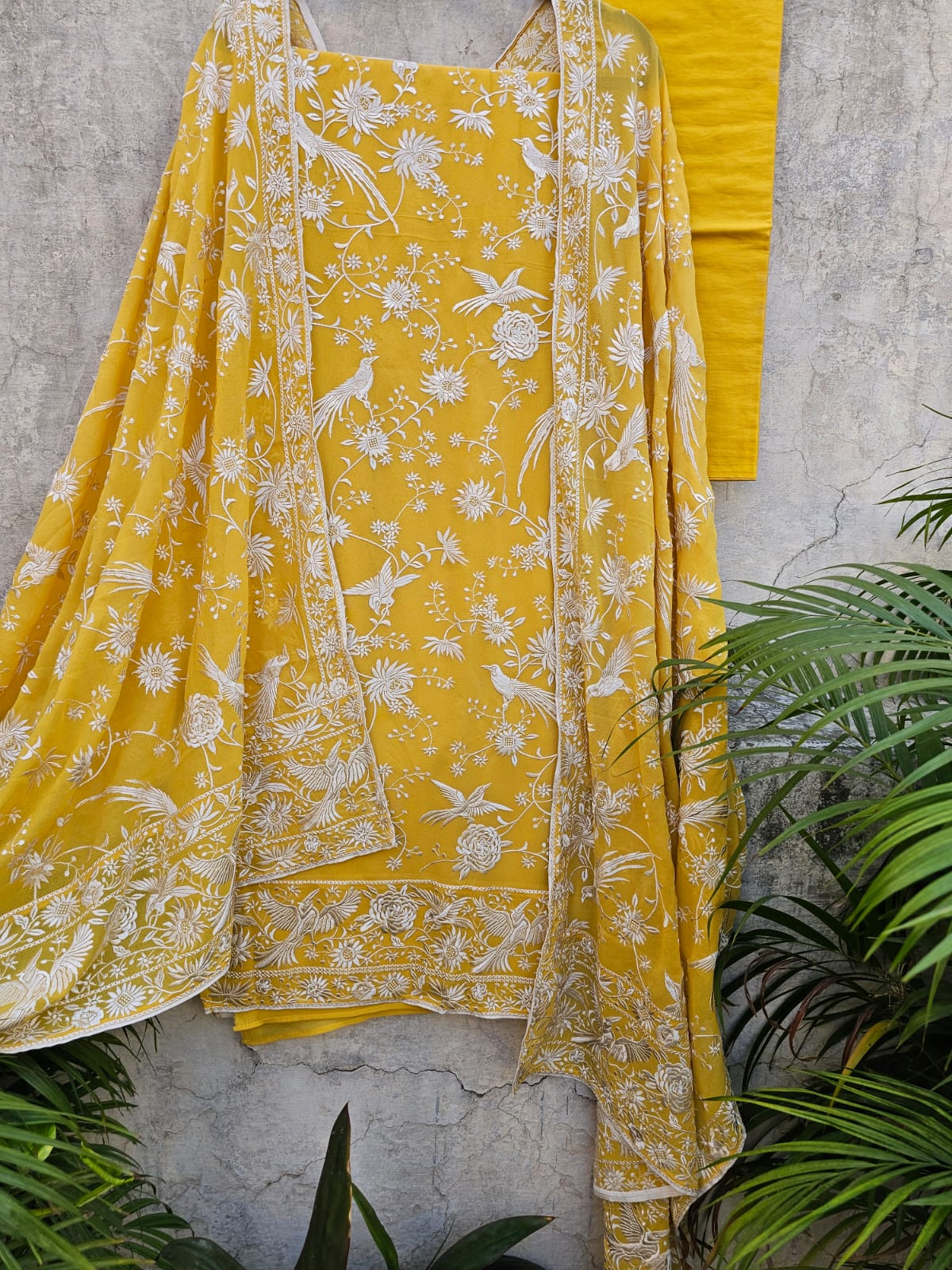 Fresh Yellow Parsi Gara Inspired Georgette Unstitched Suit Set