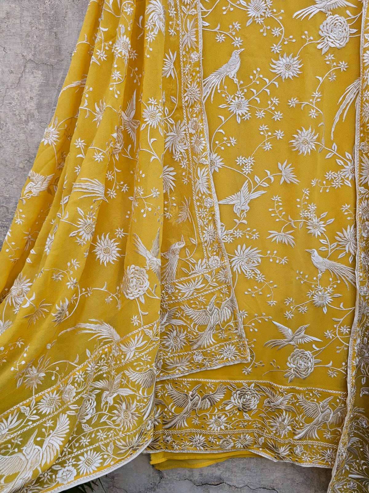 Fresh Yellow Parsi Gara Inspired Georgette Unstitched Suit Set