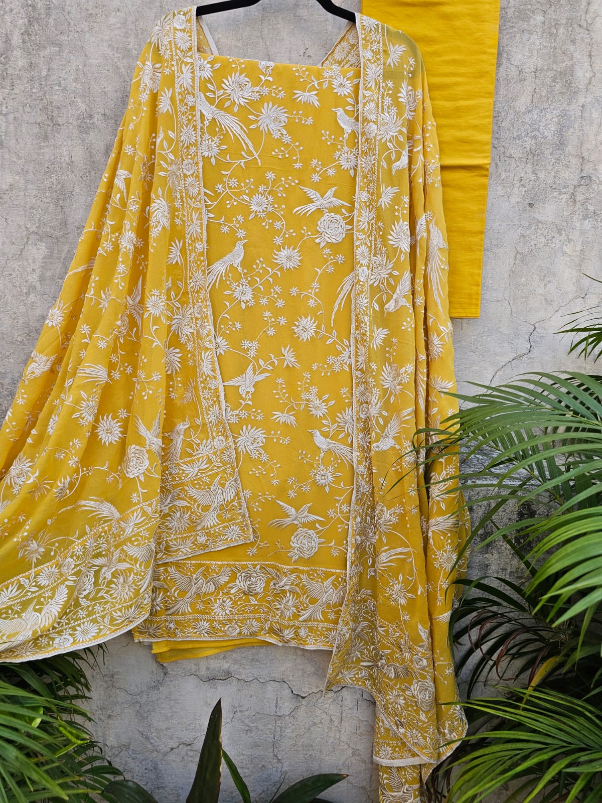Fresh Yellow Parsi Gara Inspired Georgette Unstitched Suit Set
