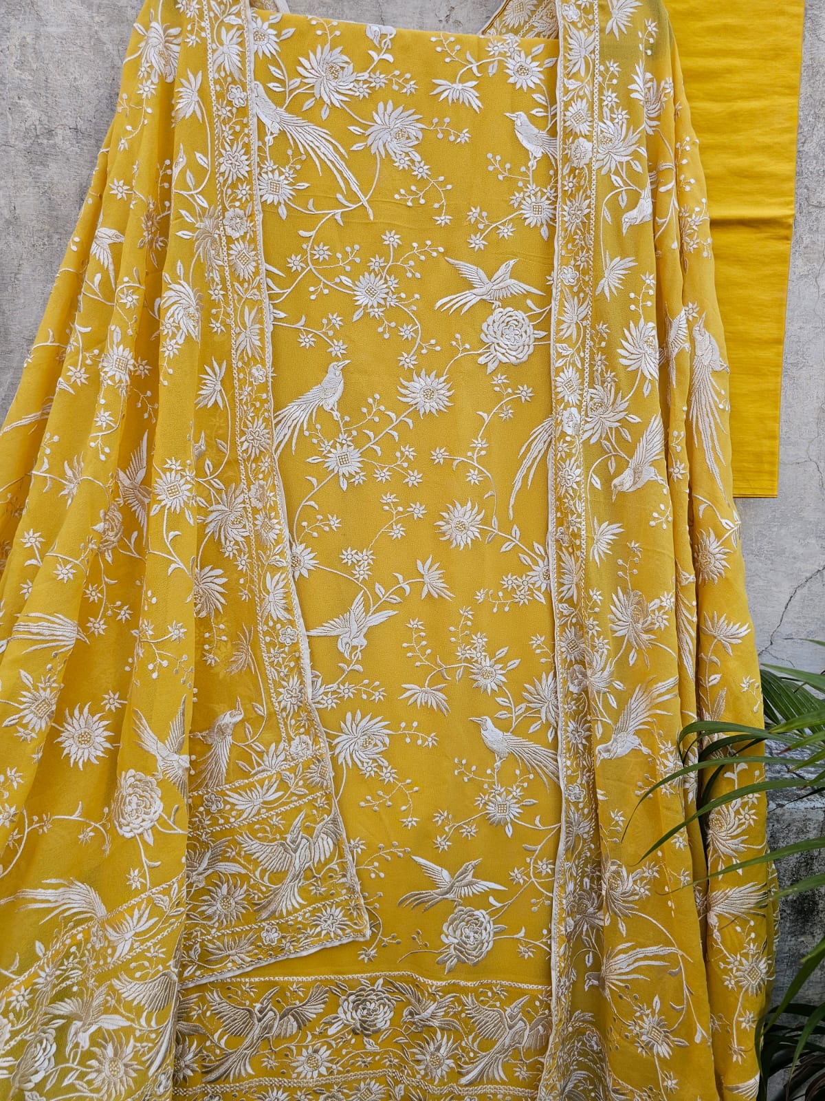 Fresh Yellow Parsi Gara Inspired Georgette Unstitched Suit Set