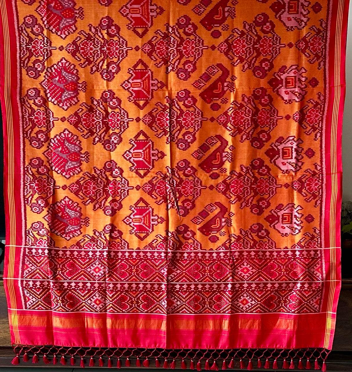 Handloom Yellow and Red Mulberry Silk Ikat Patola Dupatta with Lady, Bird and Flower Motifs
