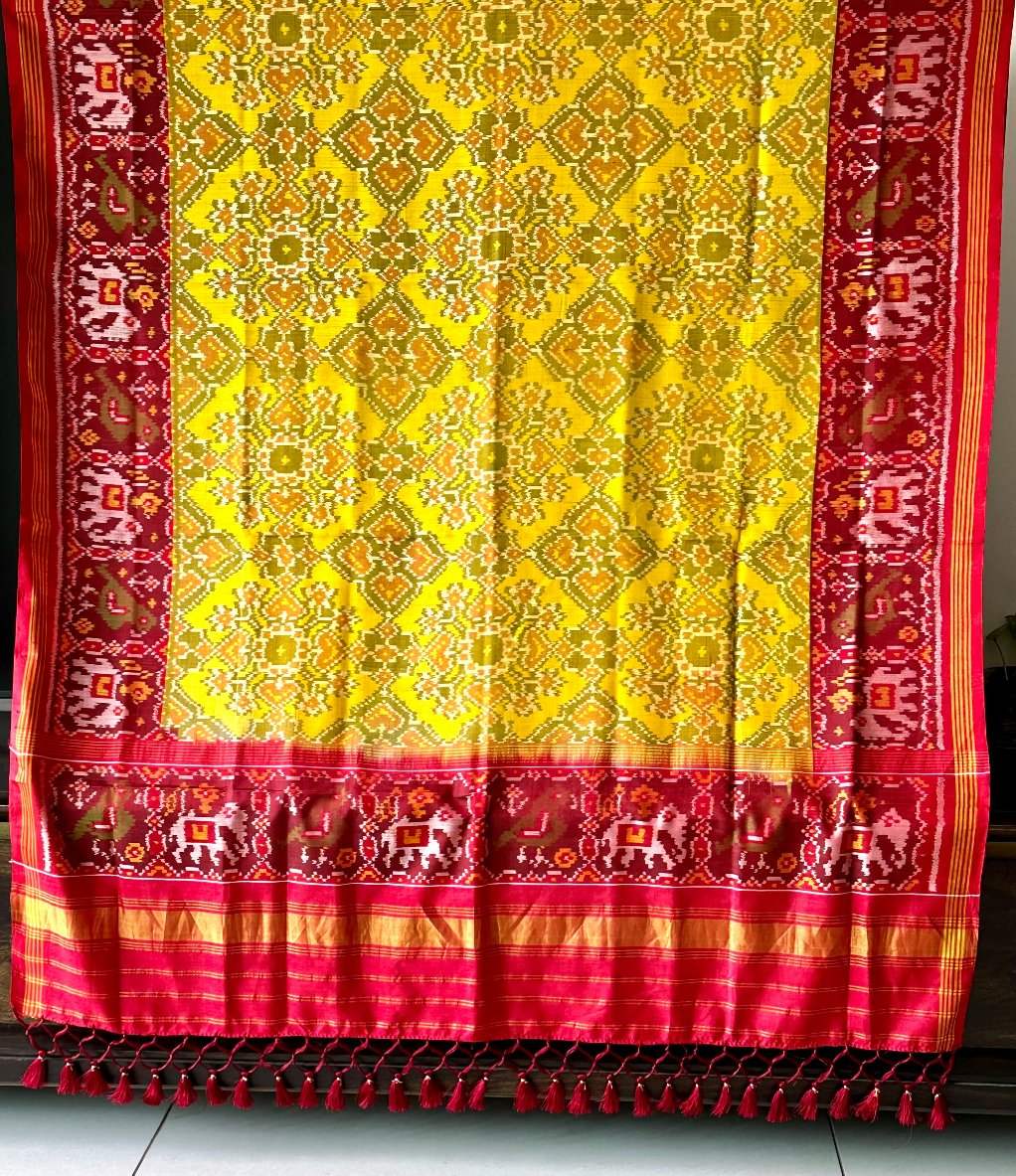 Yellow and Red Handloom pure silk single ikat/patola dupatta