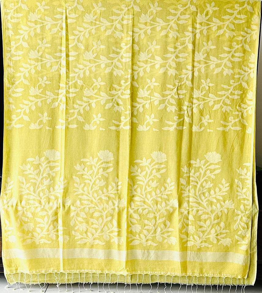 Yellow Floral Cotton Saree made on Jacquard Loom