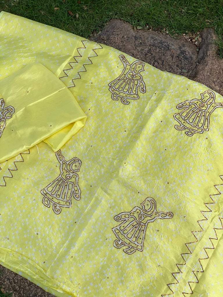 Yellow Pure silk bandhani kurta fabric with Embroidery