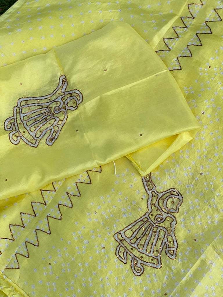 Yellow Pure silk bandhani kurta fabric with Embroidery