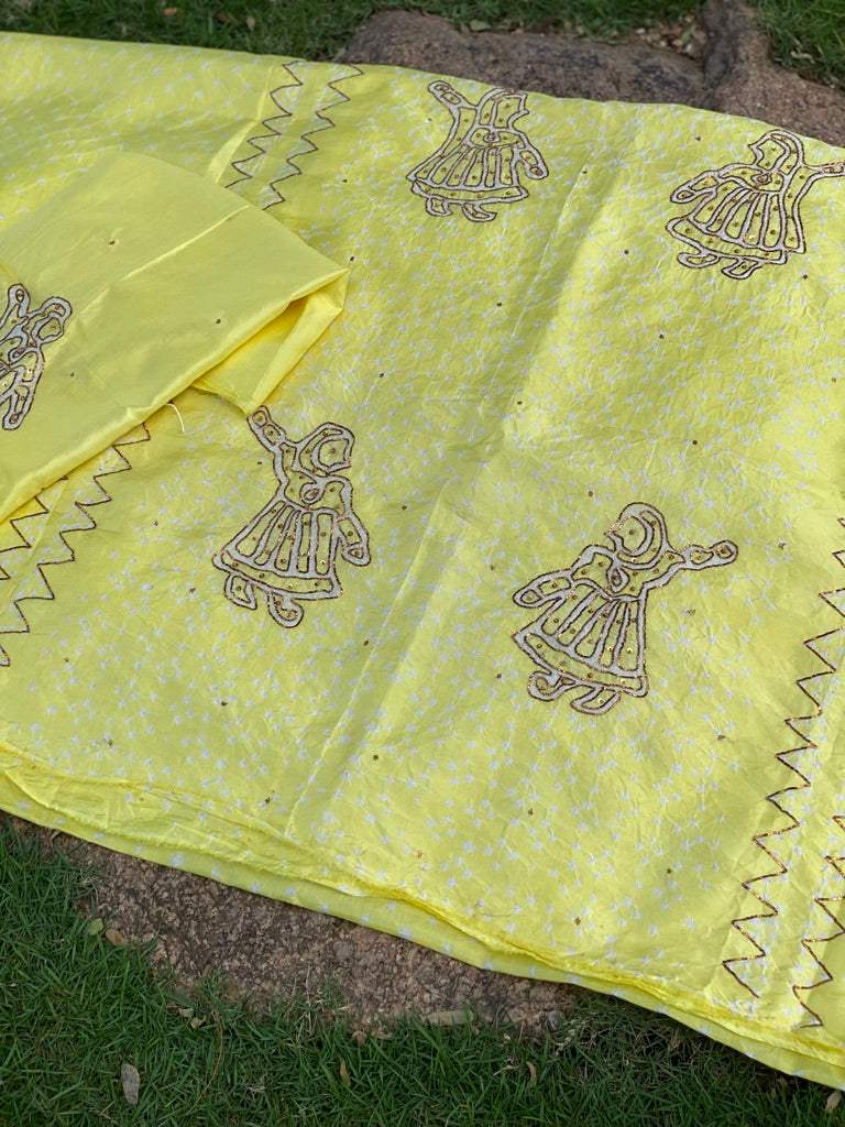 Yellow Pure silk bandhani kurta fabric with Embroidery