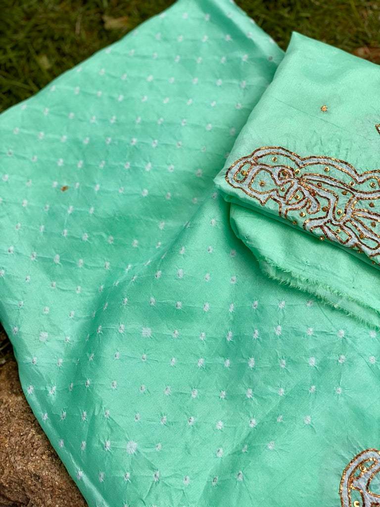 Turquoise Green Pure silk bandhani kurta fabric