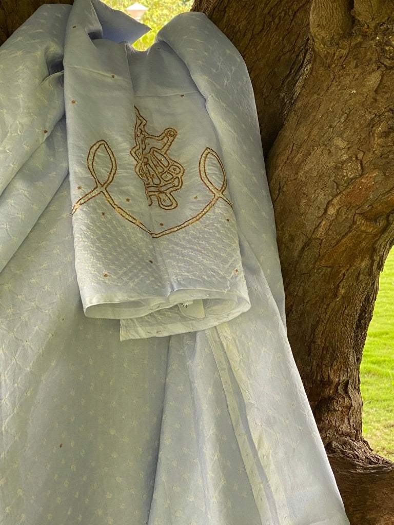 Ice Blue Pure silk bandhani kurta fabric