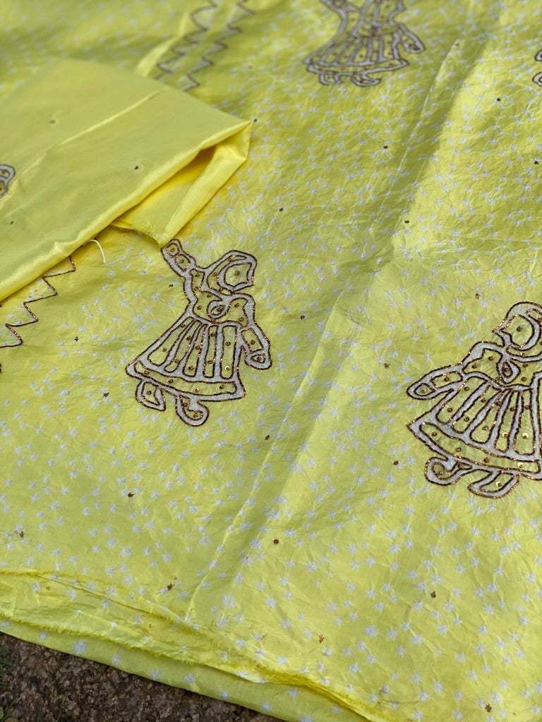 Yellow Pure silk bandhani kurta fabric with Embroidery