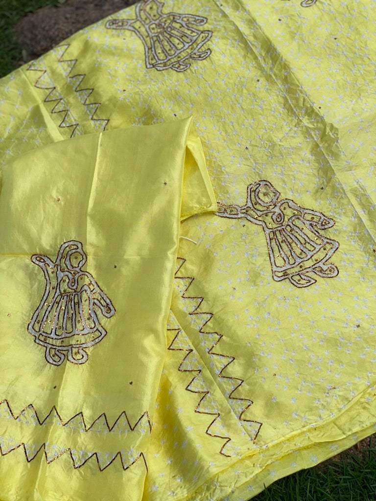 Yellow Pure silk bandhani kurta fabric with Embroidery