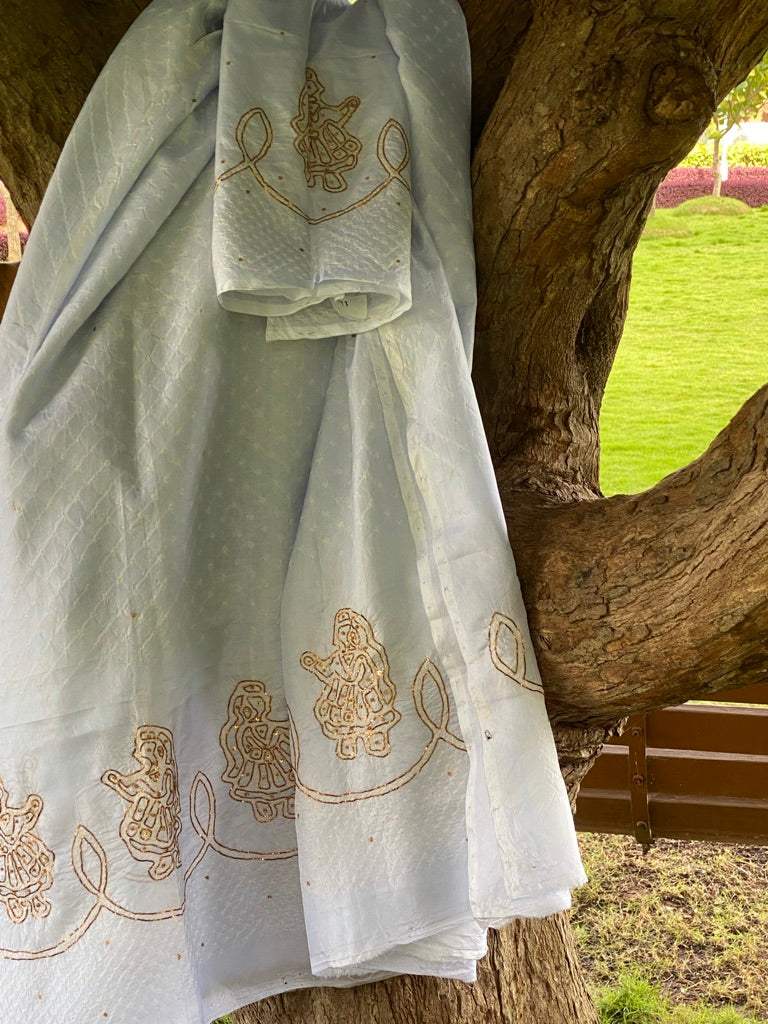 Ice Blue Pure silk bandhani kurta fabric