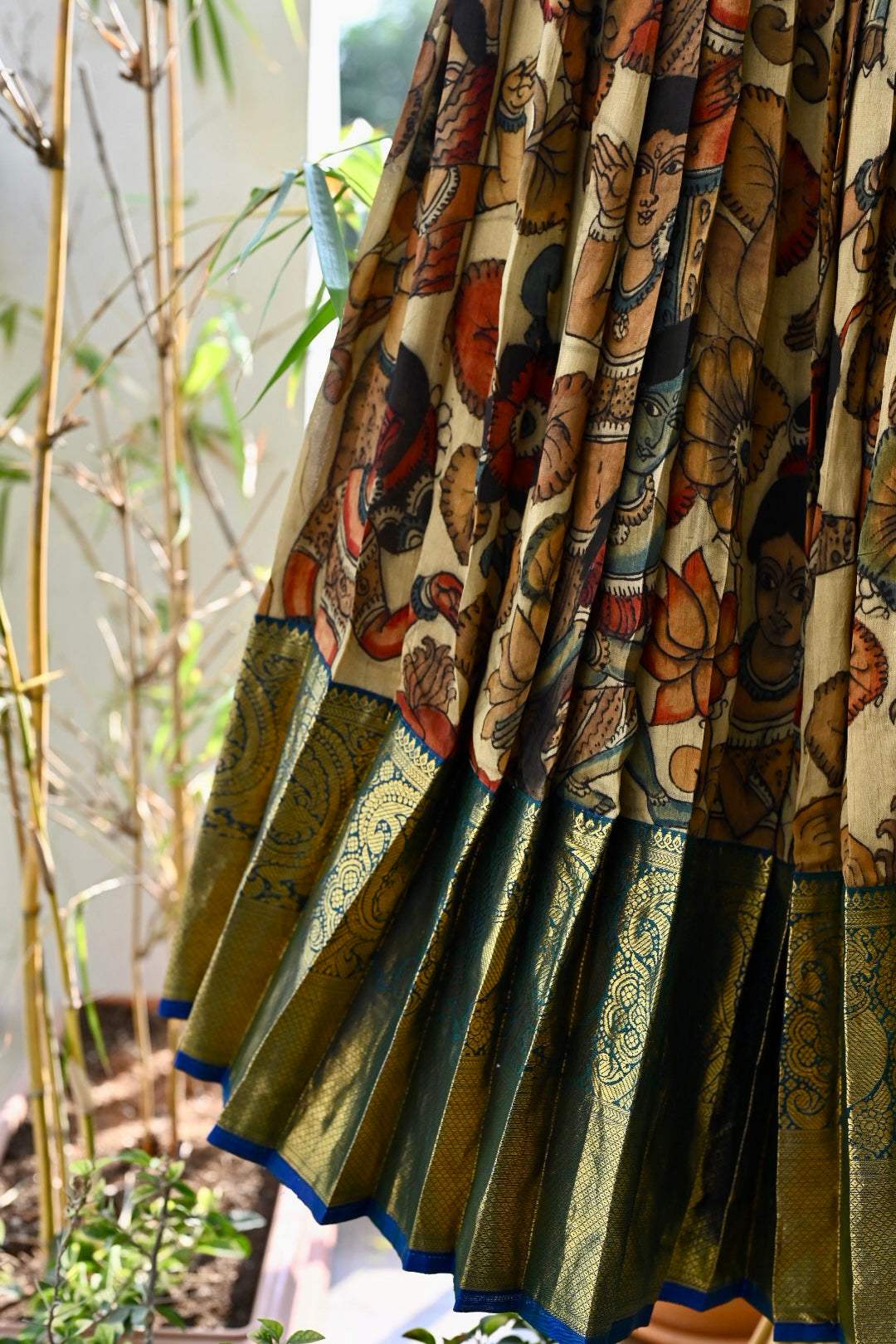 Mysore Crepe Kalamkari Lehenga with Kanjivaram Border