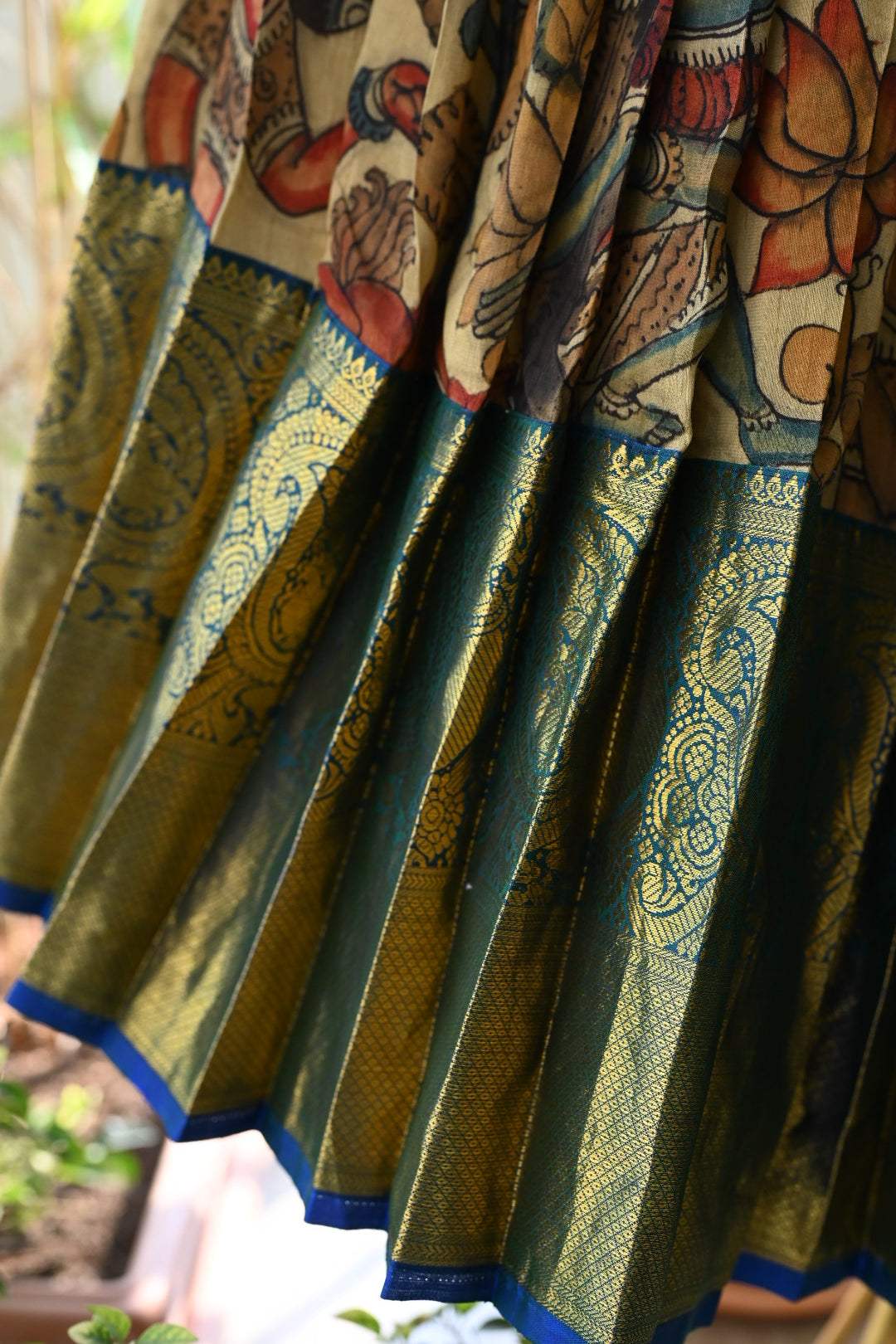 Mysore Crepe Kalamkari Lehenga with Kanjivaram Border