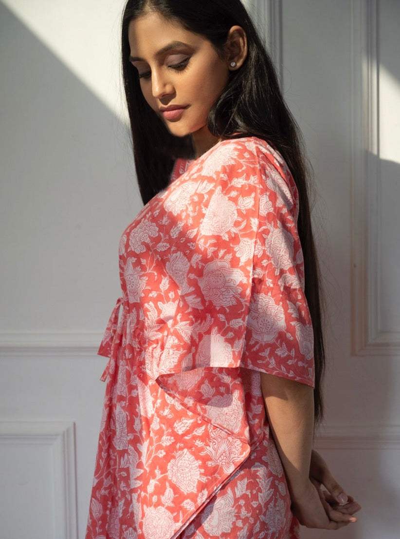 Peachish Pink Handblock Print Cotton Kaftan
