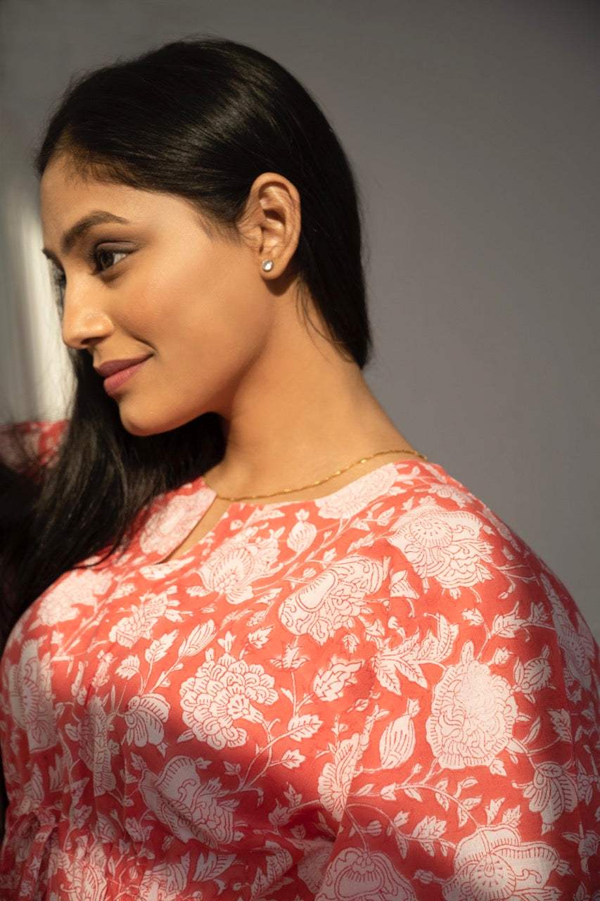 Peachish Pink Handblock Print Cotton Kaftan